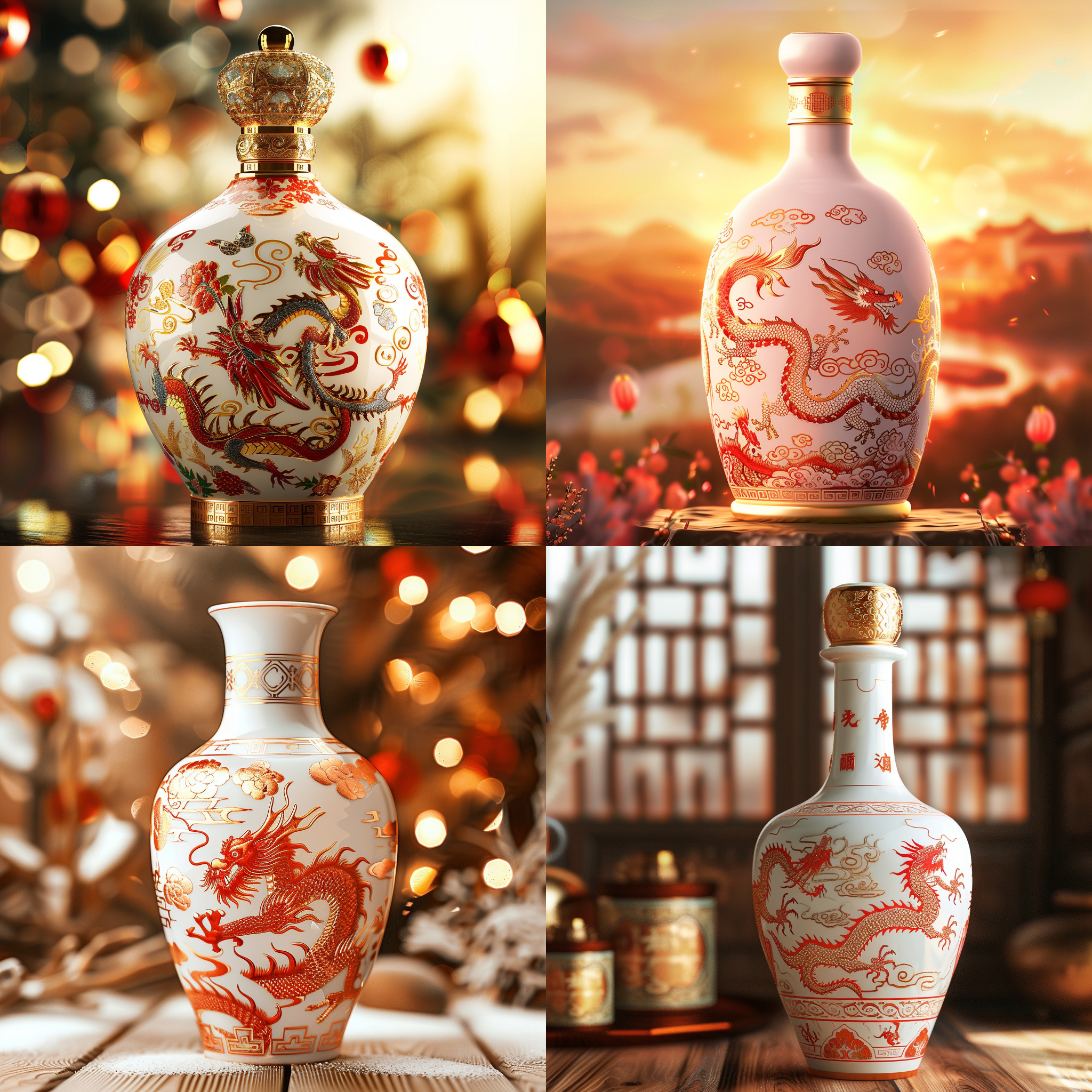 中国传统药酒产品图，乡村背景，超高清细节，中国风格，明亮光线，华丽装饰，喜庆氛围，酒瓶上有红色龙纹，金色花纹装饰，瓶身洁白透亮。