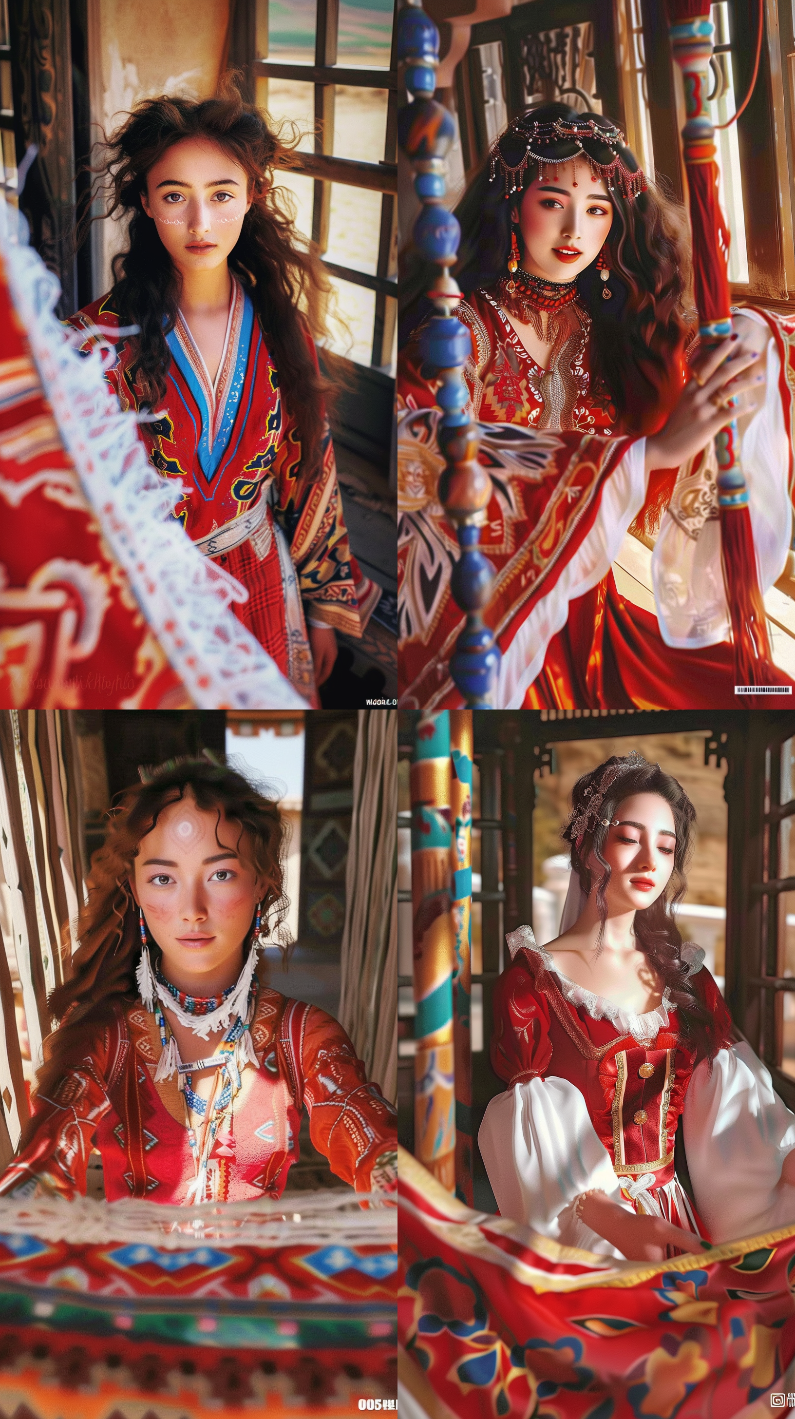 prompt. 民族少女，景大人小，细致面部轮廓，高清晰度，深情眼神，侧光，肤色质感，反差强烈，飘逸卷发，古典服装，丰富细节，自信微笑，静态拍摄，明亮的眼睛，红色和白色，点彩光学混合，32k uhd，视觉和谐，标准画面。