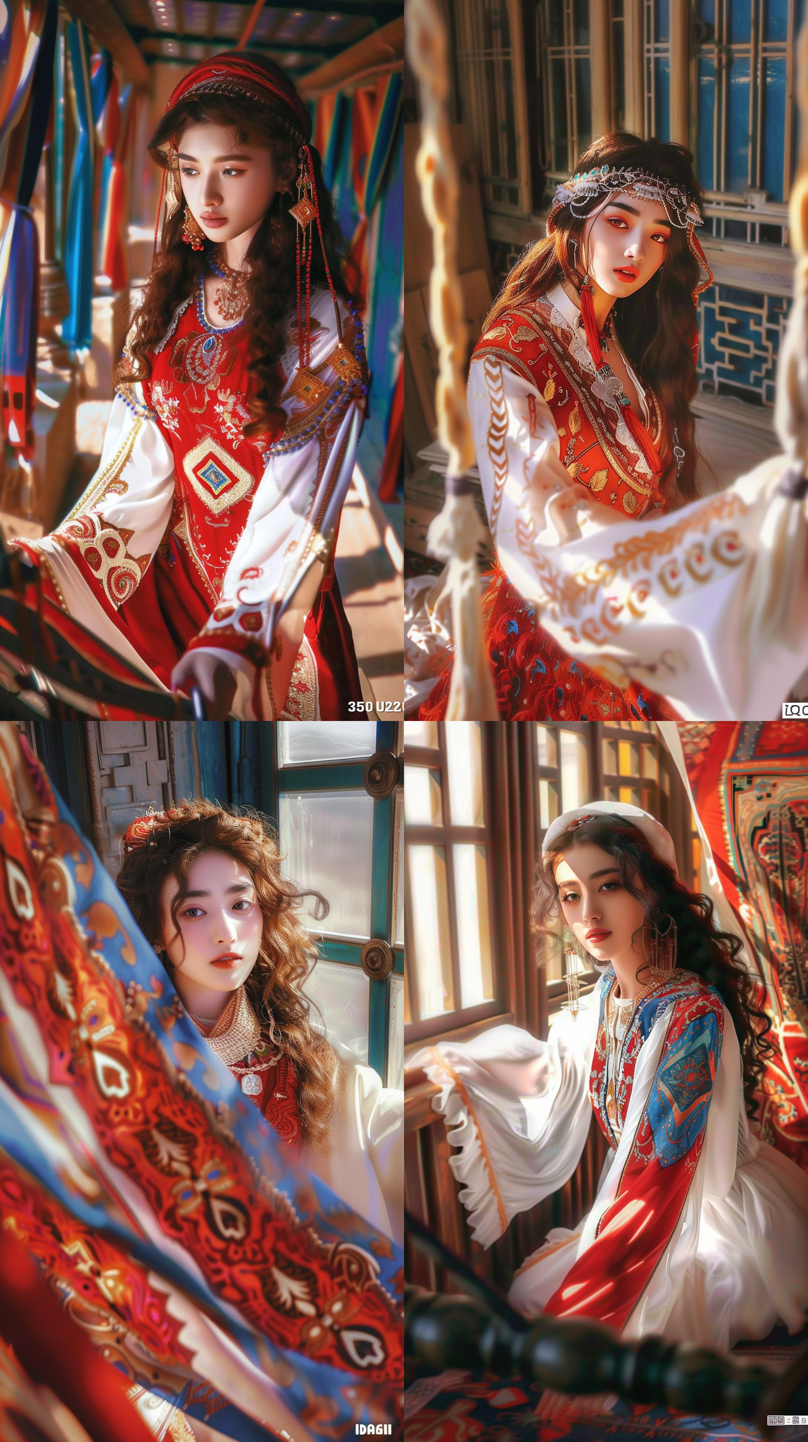 prompt. 民族少女，景大人小，细致面部轮廓，高清晰度，深情眼神，侧光，肤色质感，反差强烈，飘逸卷发，古典服装，丰富细节，自信微笑，静态拍摄，明亮的眼睛，红色和白色，点彩光学混合，32k uhd，视觉和谐，标准画面。