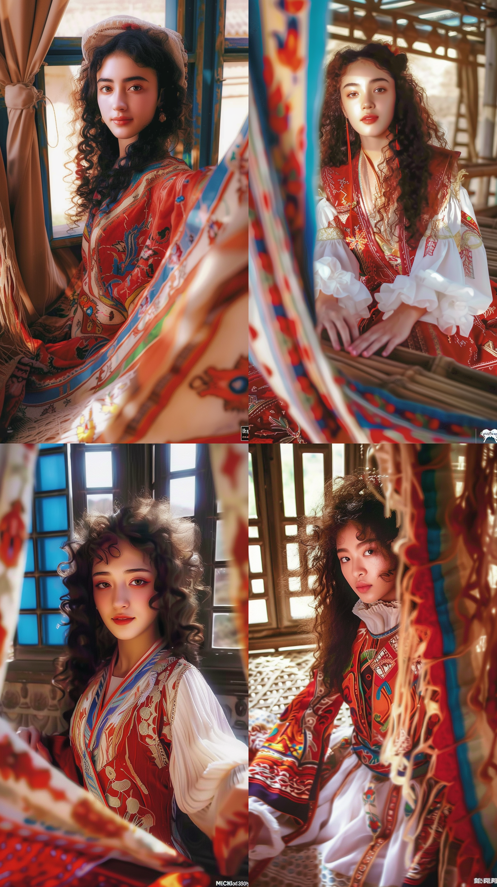 prompt. 民族少女，景大人小，细致面部轮廓，高清晰度，深情眼神，侧光，肤色质感，反差强烈，飘逸卷发，古典服装，丰富细节，自信微笑，静态拍摄，明亮的眼睛，红色和白色，点彩光学混合，32k uhd，视觉和谐，标准画面。