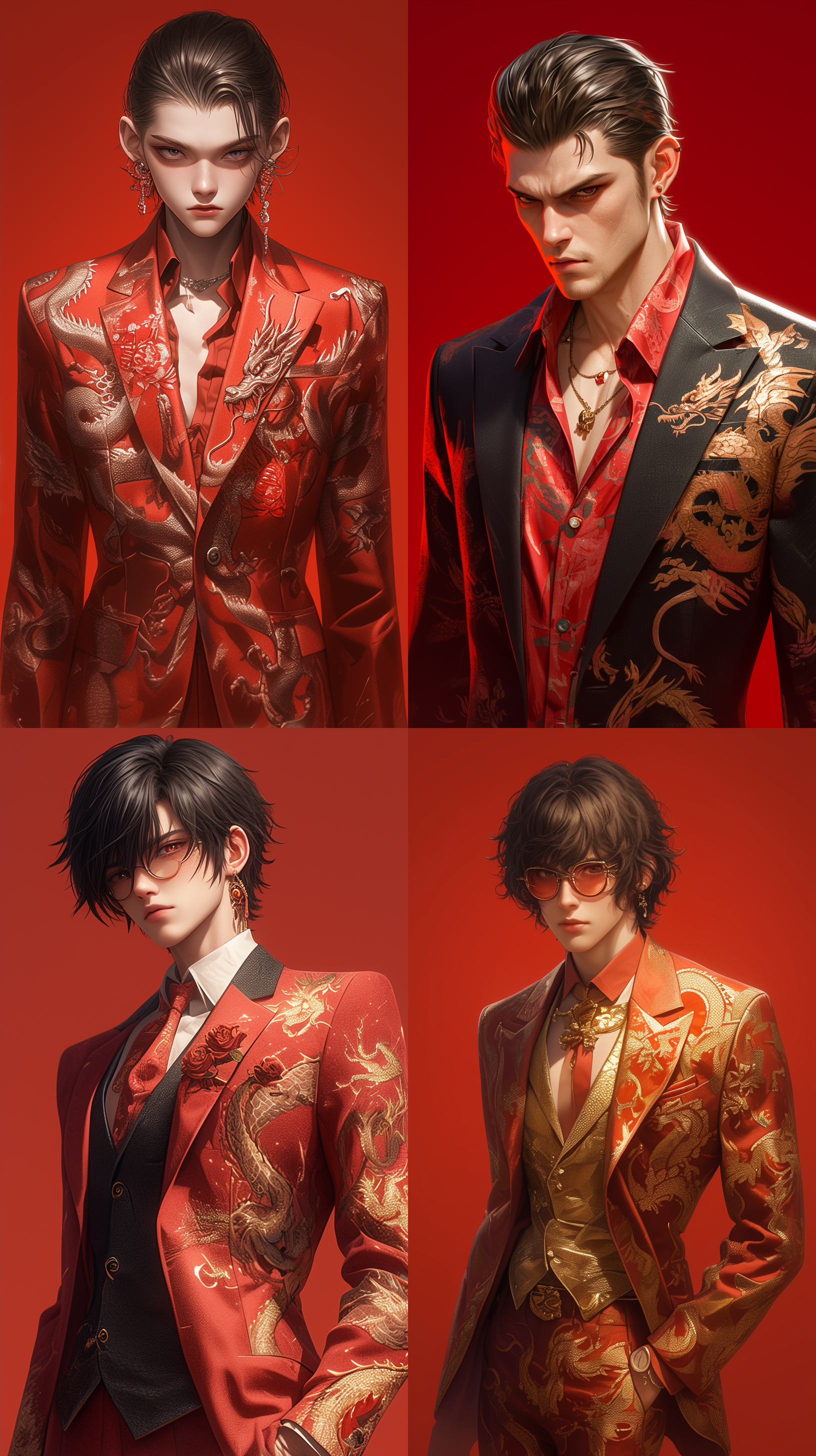 二次元风格，身穿正装红色龙纹西服的超帅男生，背景是一块红色幕布，幕布上是一片炫丽红色的玫瑰花，超清晰外观设计，超逼真，超现实，玄幻引擎，3d,精细设计，数字渲染，莱卡镜头，半身肖像画，最高清，8k,视频拍摄，电影镜头，尼康相机