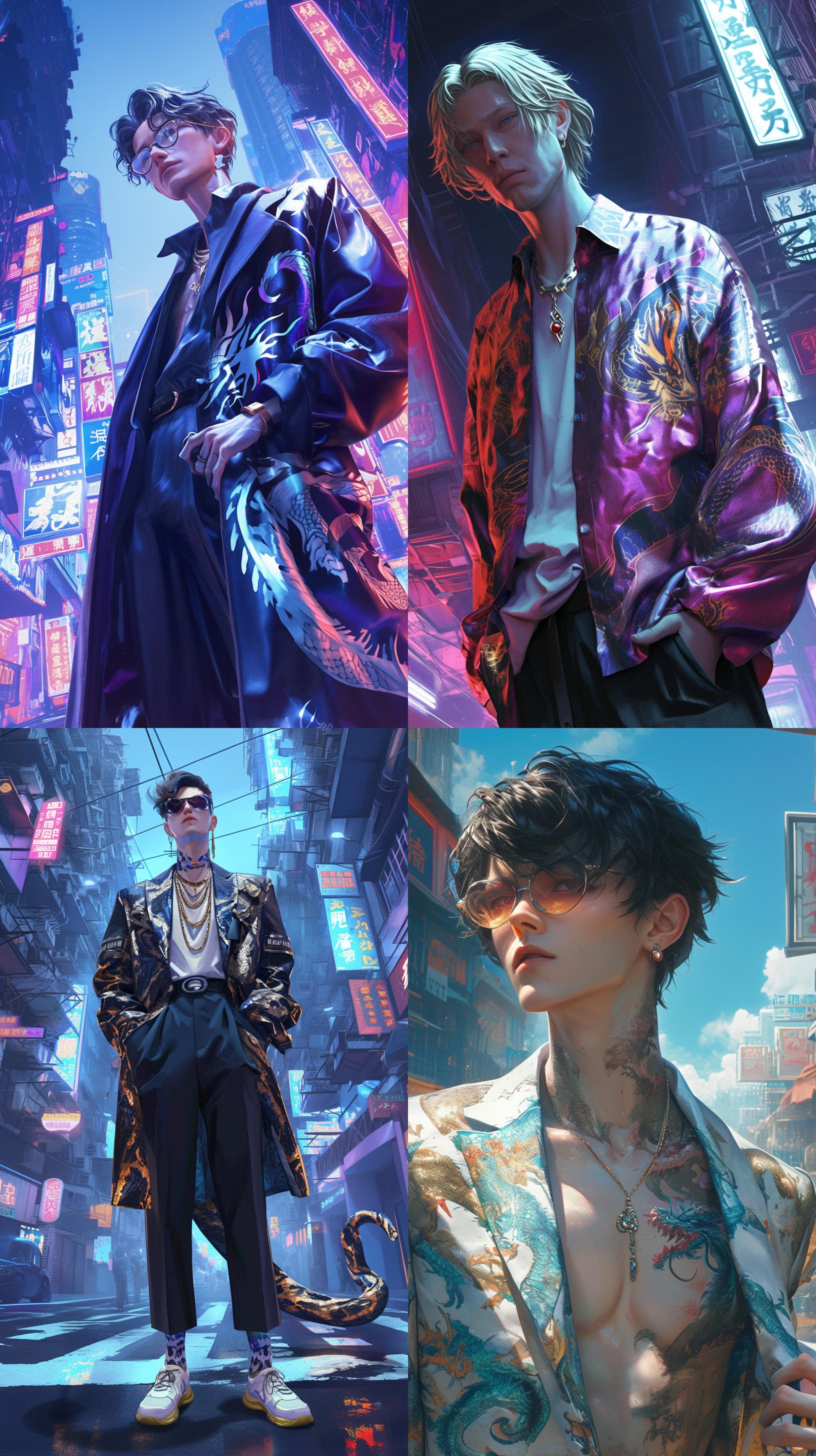 二次元风格，龙纹西装暴徒，男孩，超帅，背景梦幻，赛博朋克街道，超现实主义，超逼真，3d数字渲染，莱卡镜头，超清晰外观设计，最佳画质，大师级作品