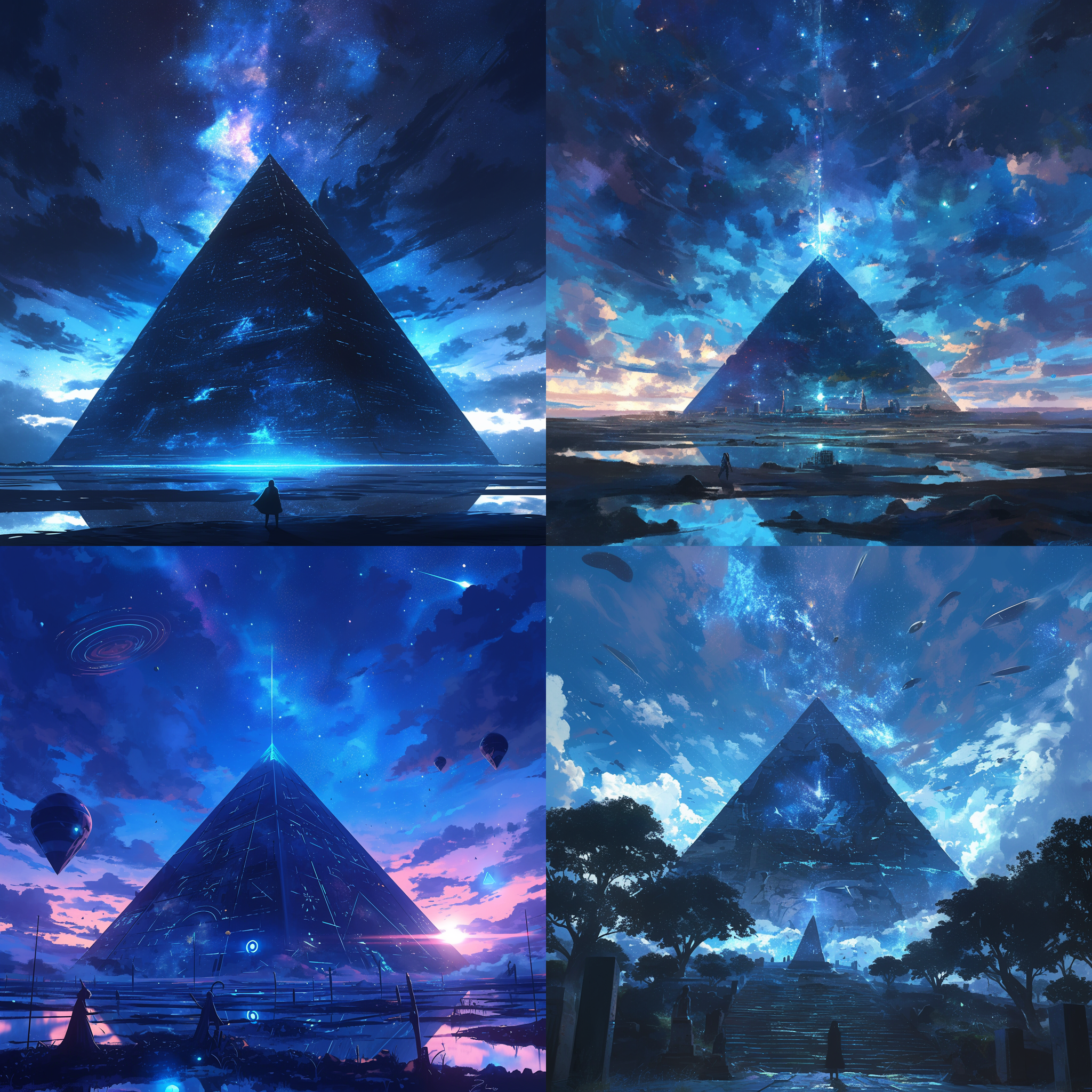 prompt. 宇宙金字塔，星空背景，飞碟，暗调，尼康d850，超广角镜头，神秘，幽静，古老。