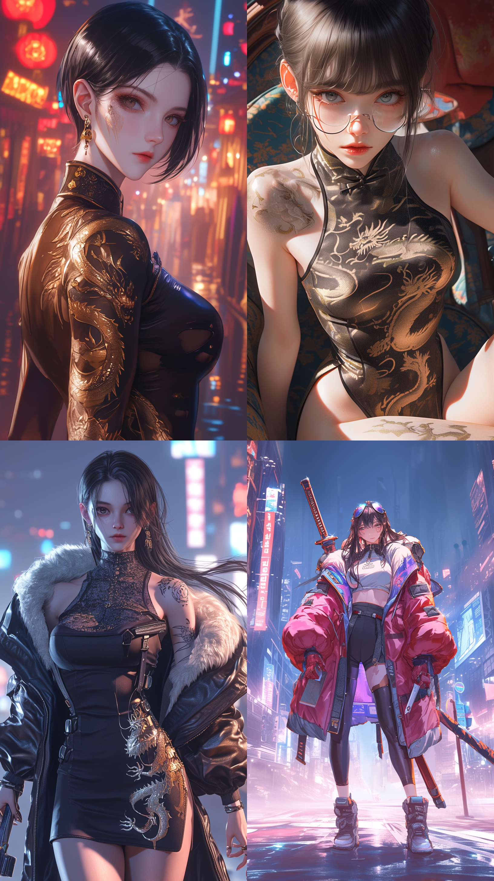 二次元风格，龙纹西装暴徒，韩国女星，超帅，背景梦幻，赛博朋克街道，超现实主义，超逼真，3d数字渲染，莱卡镜头，超清晰外观设计，最佳画质，大师级作品