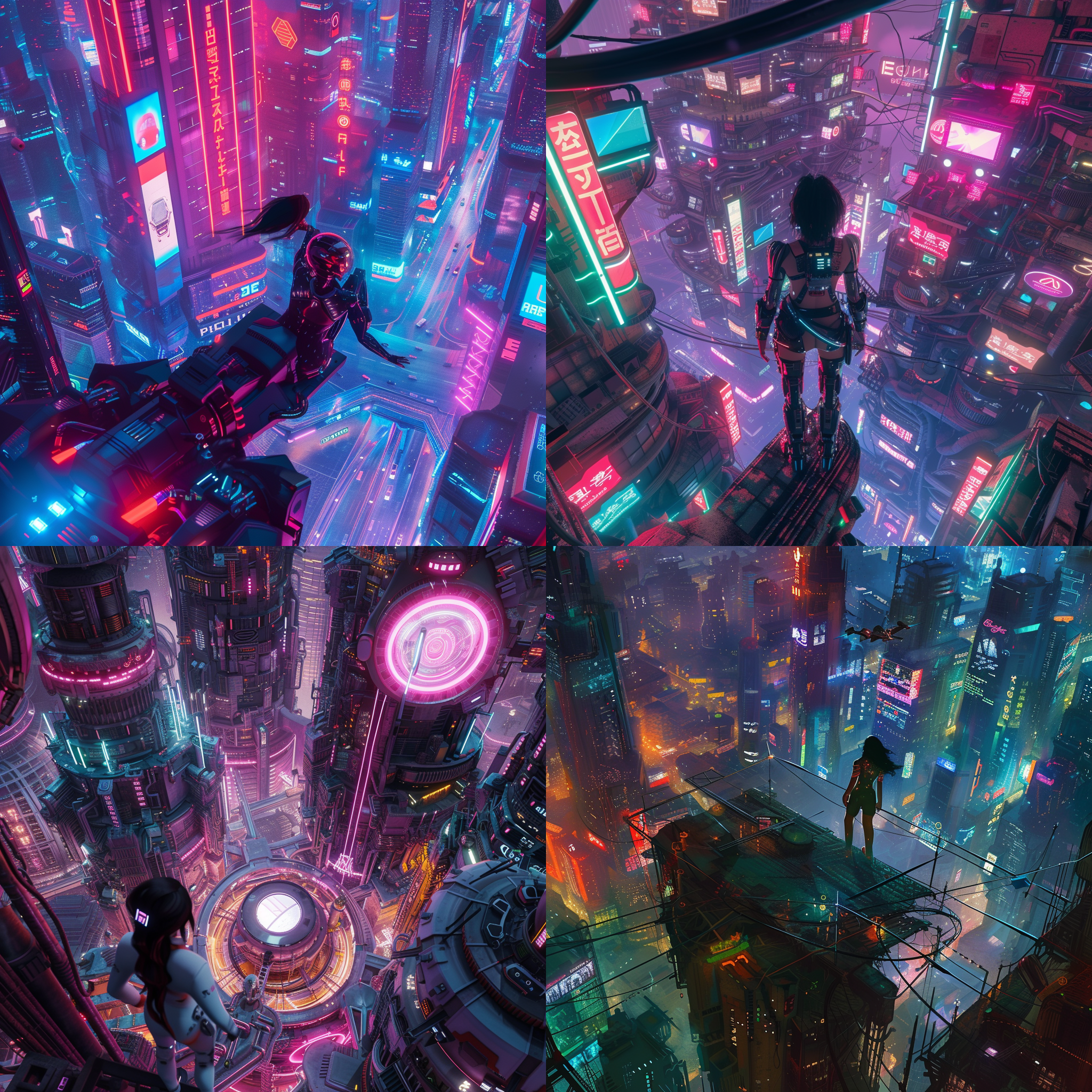 prompt. 未来世界霓虹光线，机器少女俯视，虚拟引擎，科技光，未来城市，飞车，机甲，反乌托邦卡通，立体感建筑，细致，超逼真，色调科技感，繁华，高饱和度。