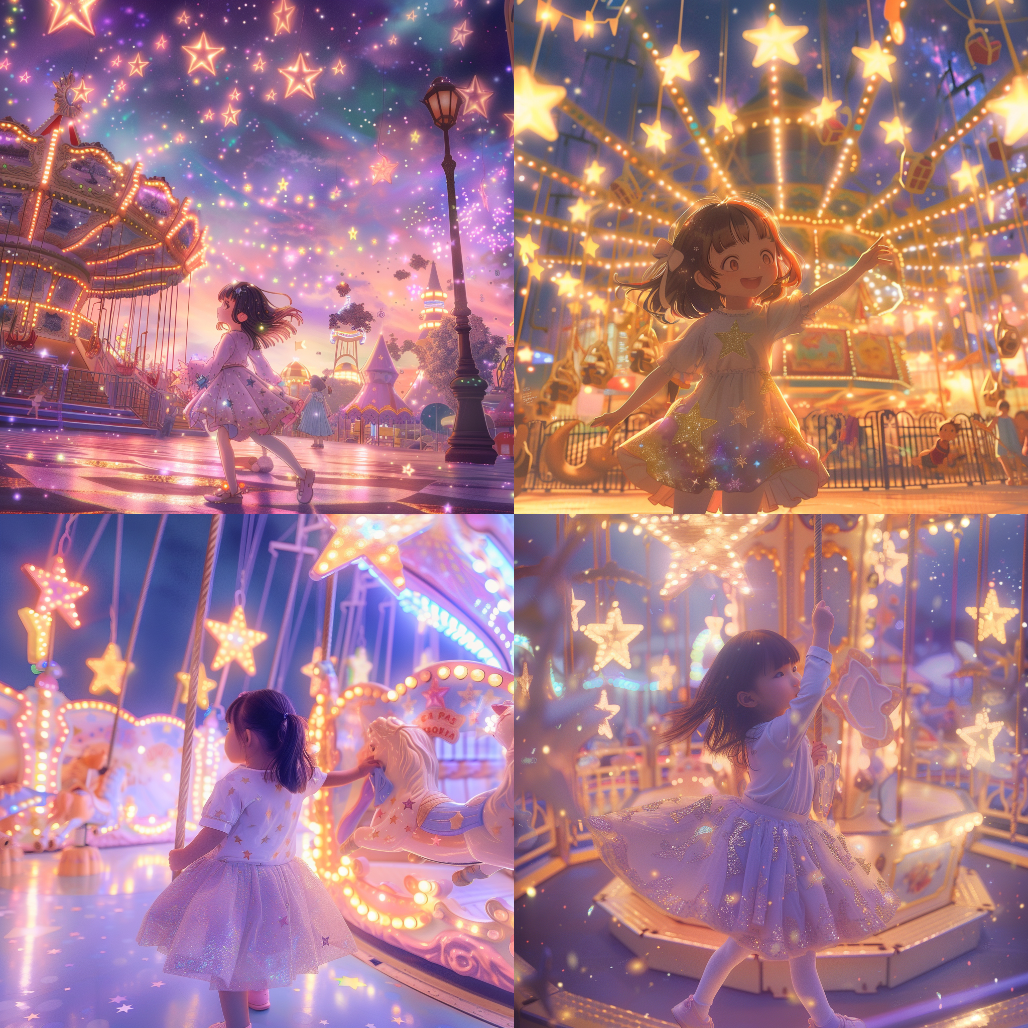 prompt. 穿着星星蓬蓬裙的小女孩在宇宙星星游乐场玩耍，身旁有许多小星星，广角镜头，细致逼真，活泼可爱，柔和动漫色风格，可爱至极，淡紫色与淡黄色的柔和色调。