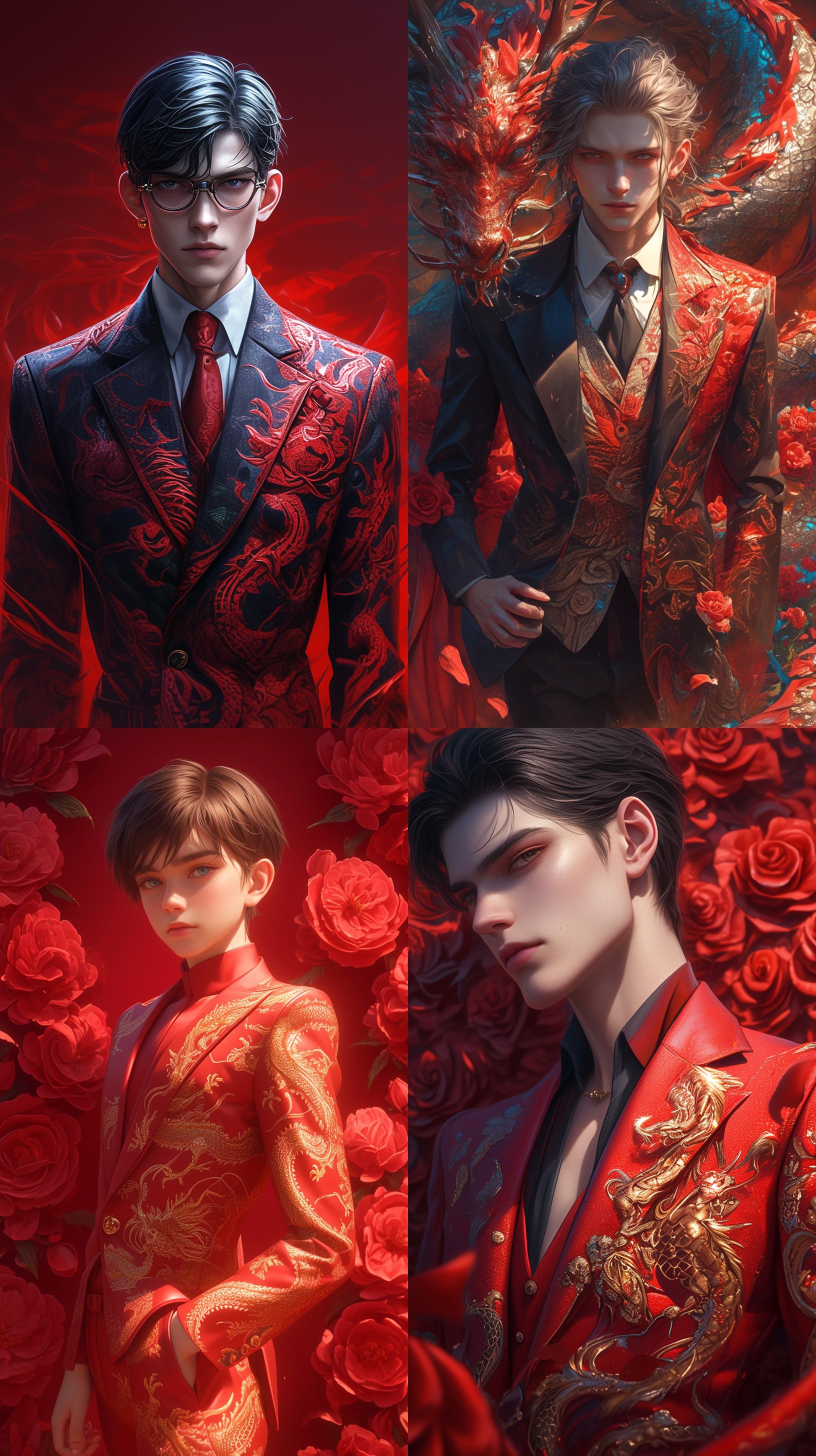 二次元风格，身穿正装红色龙纹西服的超帅男生，背景是一片立体感十足的玫瑰花海，超清晰外观设计，超逼真，超现实，玄幻引擎，3d,精细设计，数字渲染，莱卡镜头，半身肖像画，最高清，8k,视频拍摄，电影镜头，尼康相机