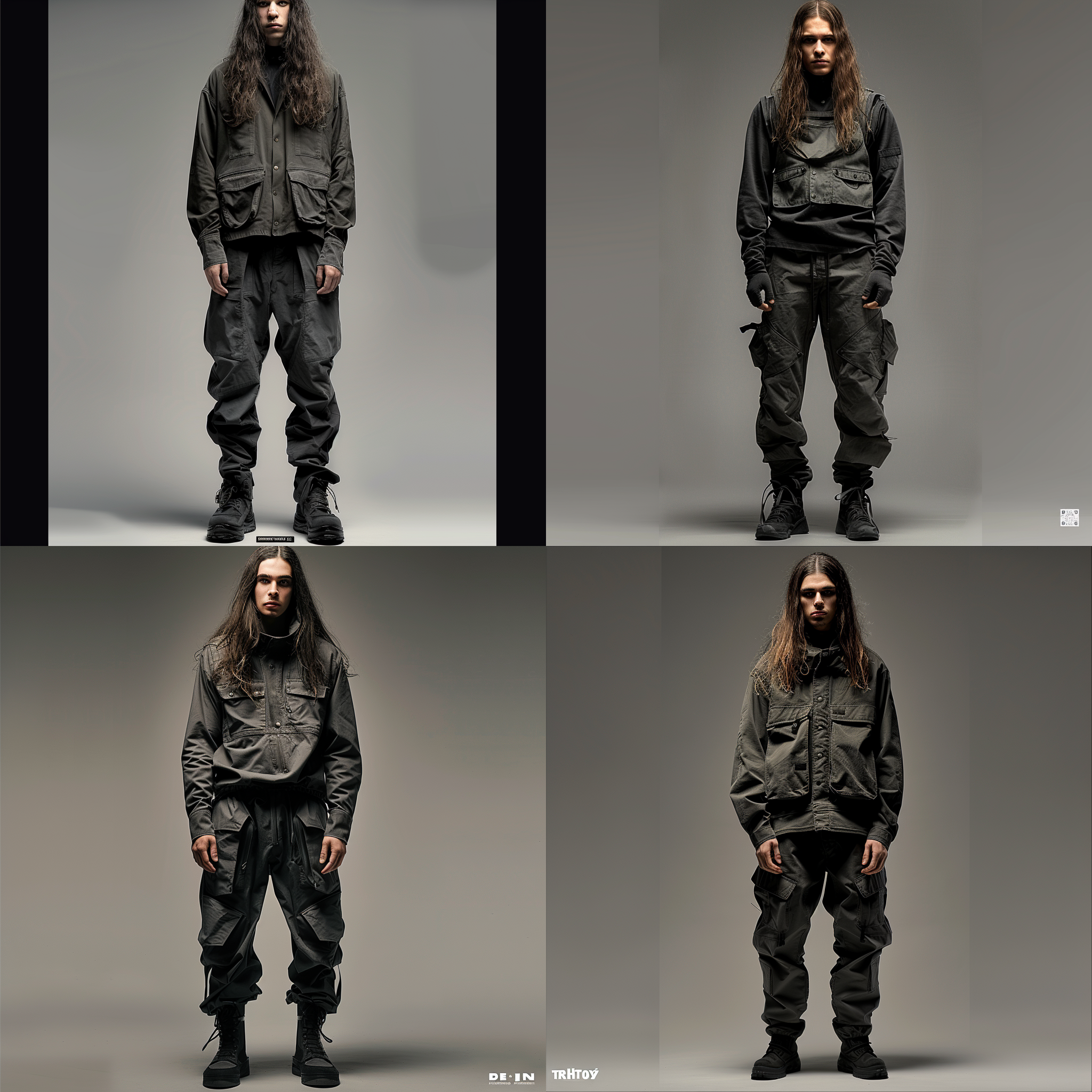 男子全身站立，长发，工作室灯光，深灰色裤子，纹理变化，纯灰色背景，极简风格。