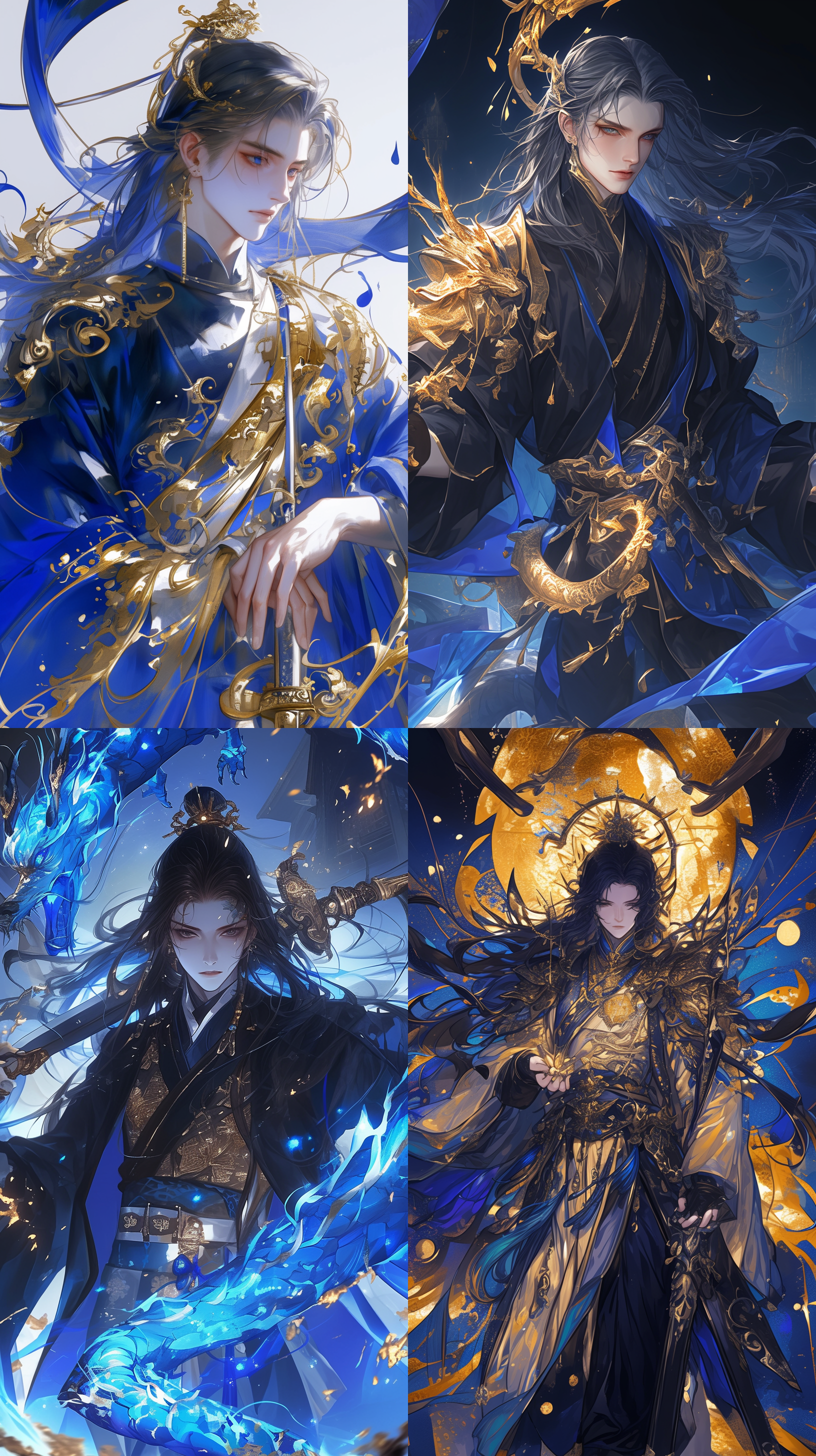 男性角色，长发，精致面容，华丽古代服装，深蓝色调，金色装饰，剑，复杂饰品，宫殿轮廓，飞翔巨龙，魔法，神秘，古代东方世界，半身肖像，梦幻引擎，超精细设计，最佳画质。