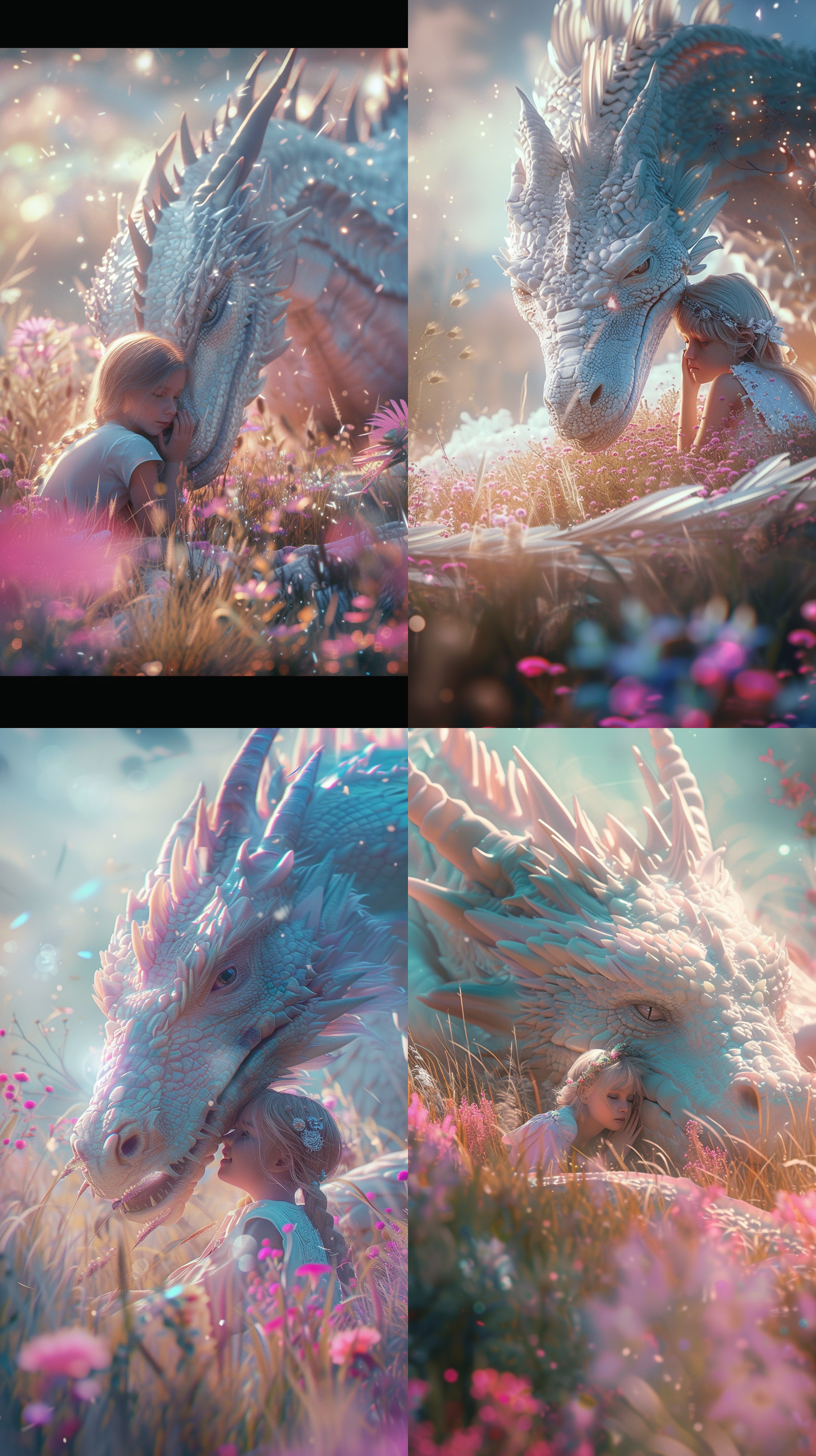 a little girl under the protection of a huge dragon. the drangon is white and translucent. the girl is leaning on the dragon. realistic photo. sparkles. shine. harmony. peaceful. long shot. grassland with pink and purple flowers.