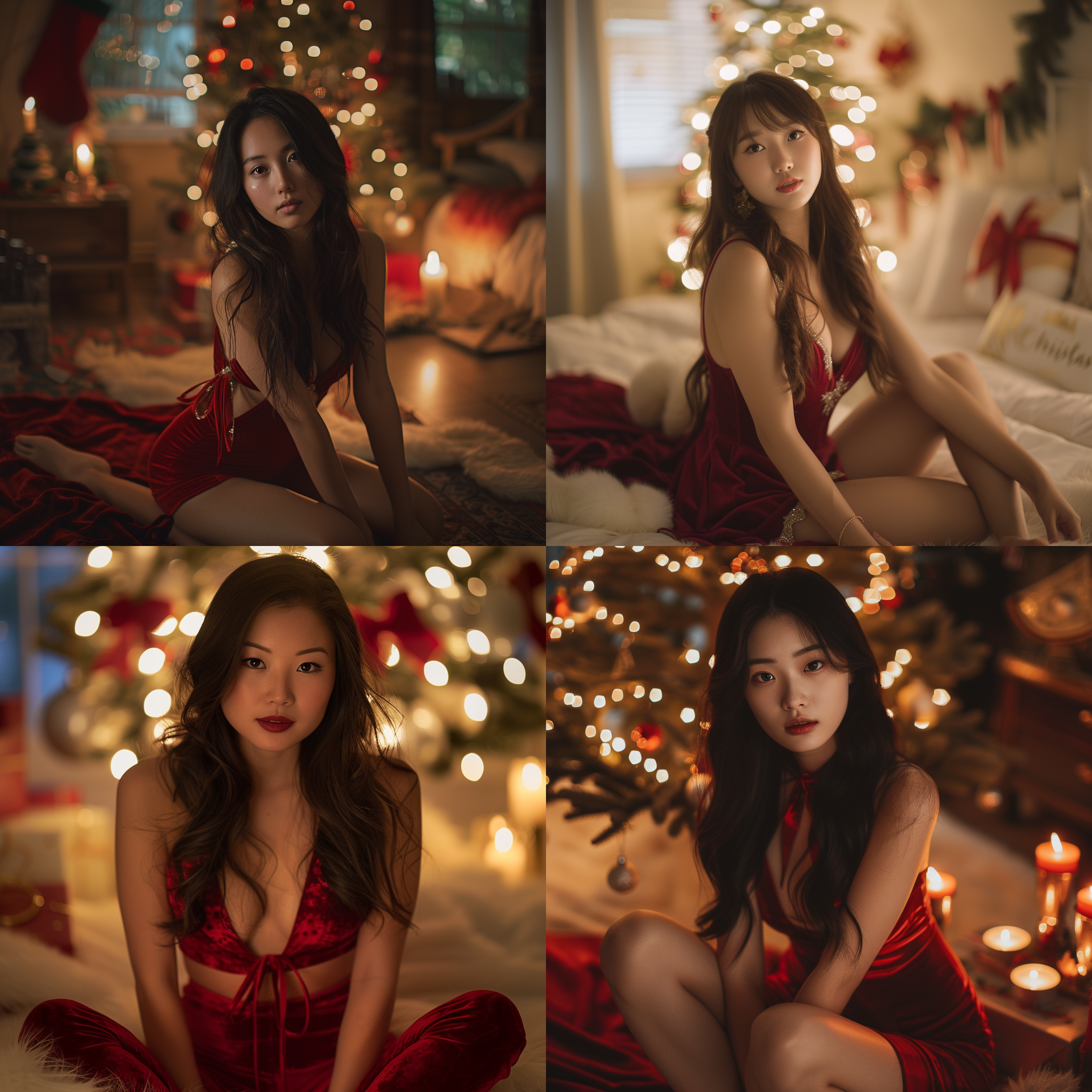 亚洲女人，长发，蝴蝶结，圣诞树，圣诞卡，红色连衣裙，面对镜头，烛光，膝盖向上，天鹅绒，放松，dslr，卧室，长镜头（ls），最佳质量。