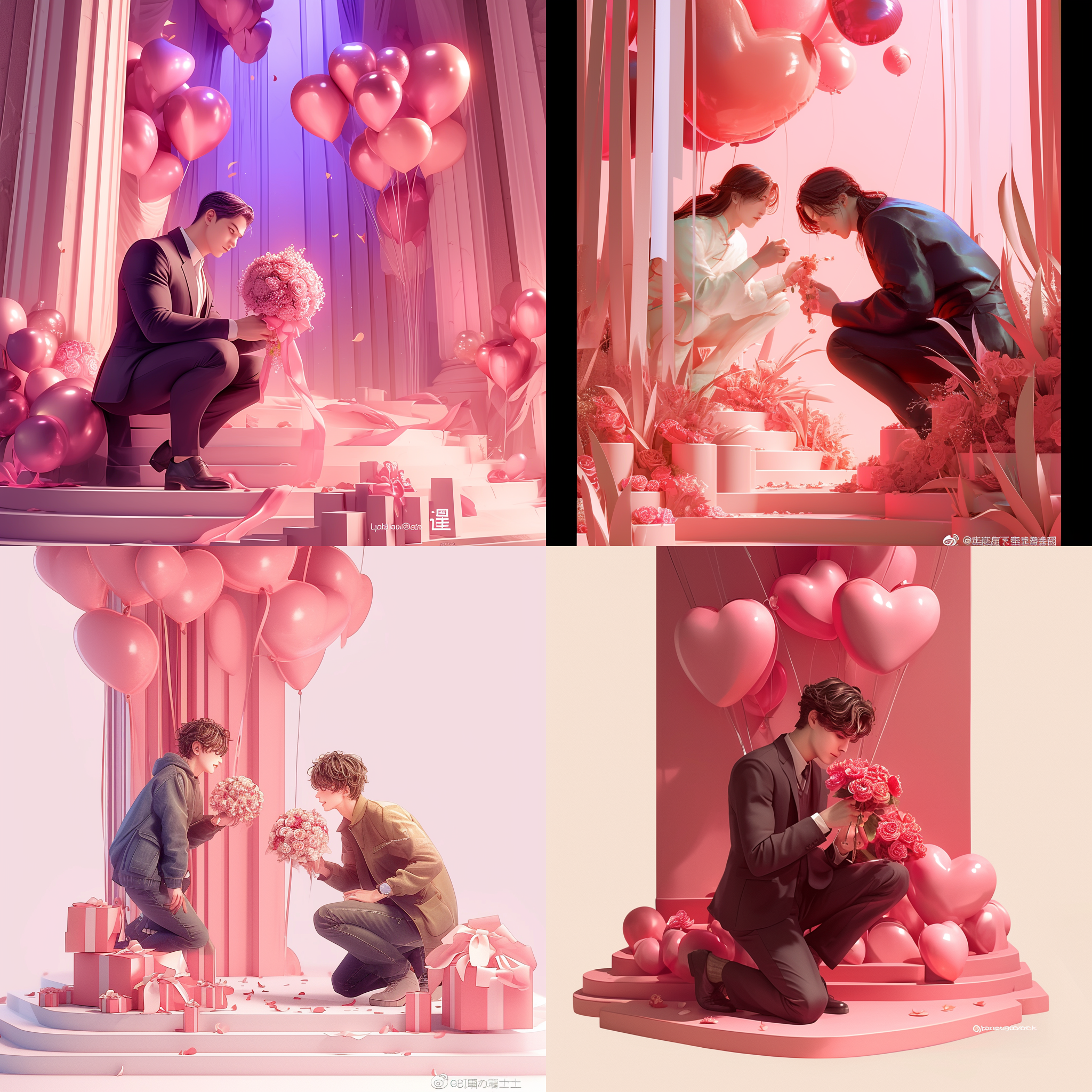 prompt. 帅气男生单膝跪地，双手举着鲜花，求婚动作，国潮风格，超逼真，超现实，超清晰外观设计，超高清，超高细节狂魔，莱卡镜头，8k，视频拍摄，全身写真。