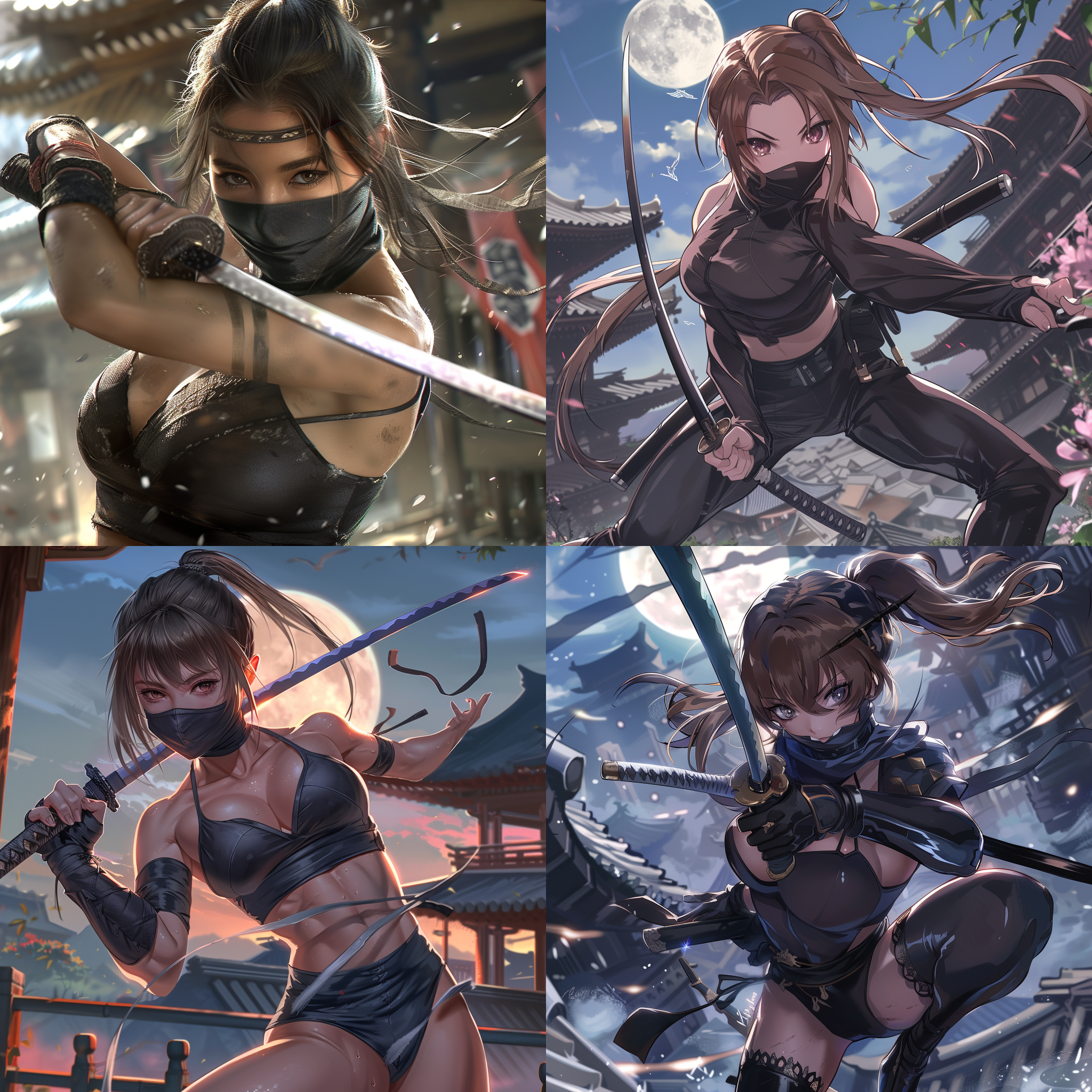 prompt. 女忍者, 幽灵突击, (持日本刀), 独自, 杰作, 极致画质, 丰富细节, 高完成度, 精致大眼睛, 精美肌肉线条, 竖幅画面, 明亮眼神, 柔和光线, 电影效果风格, 4k, (肌肉女孩), 霸气, 主导侧漏, 战场废墟背景, 棕色头发, 长马尾辫, 丰盈发量, 黑色紧身裤, 细腰, 宽臀, 强壮大腿, 全身贴身紧身衣, 黑色面罩, 高光照射在身体上, 运动感, 力量感, 泰逊效应, 氛围感, 细长双腿, 腰线, 强健身材, 在空中飞翔, 从屋檐跃起, 全身特写, 天空中巨大满月。