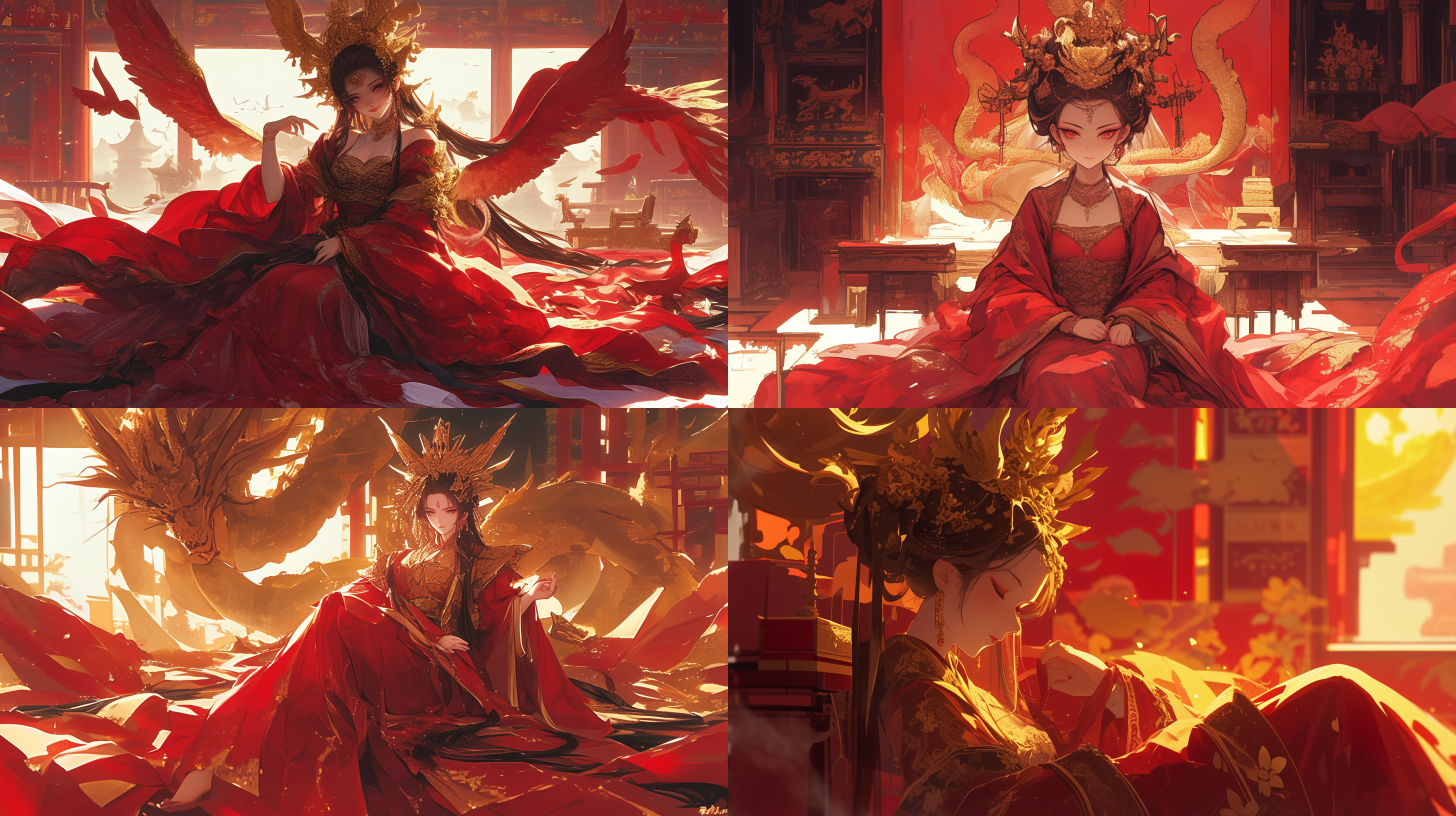 中国古代，古色古风的皇宫宫殿里，一个年轻女子，红色的嫁衣，金色的凤冠，表情阴险，端坐在红色的床上，