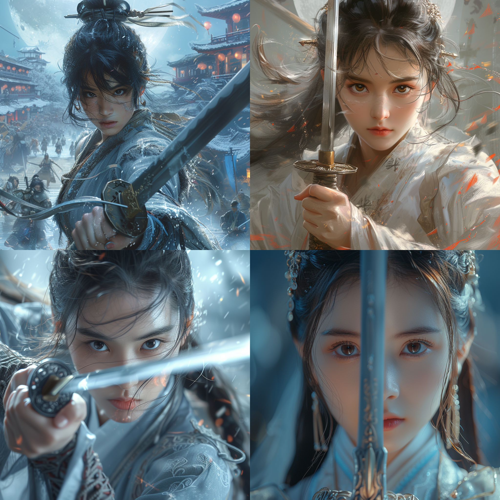 prompt. 亚洲侠女手持宝剑, 独自, 杰作, 极致画质, 丰富细节, 高完成度, 精致大眼睛, 精美肌, 明亮眼神, 柔和光线, 电影效果风格, 4k, 霸气, 主导侧漏, 战场废墟背景, 黑色头发, 长马尾辫, 丰盈发量, 精致古代白裙, 棕色马靴, 黑面罩, 高光照射, 运动感, 力量感, 泰逊效应, 氛围感, 细长腿, 强健身材, 空中飞翔, 屋檐跃起, 全身特写, 巨大满月。