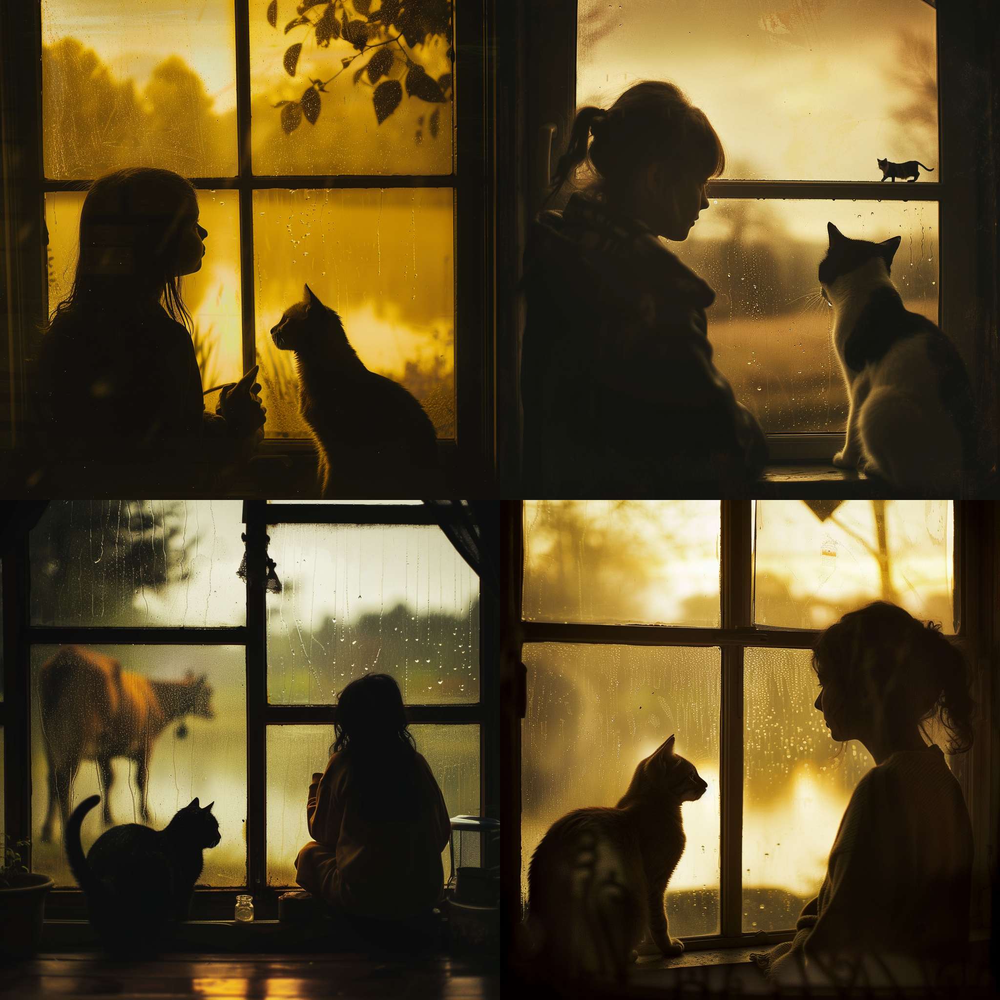 prompt. 女孩与猫，书房窗外湖景，下雨中，黄色调，温暖光影，牛装饰，静默，温馨，背影，50mm定焦镜头，自然光，情感，柔和。