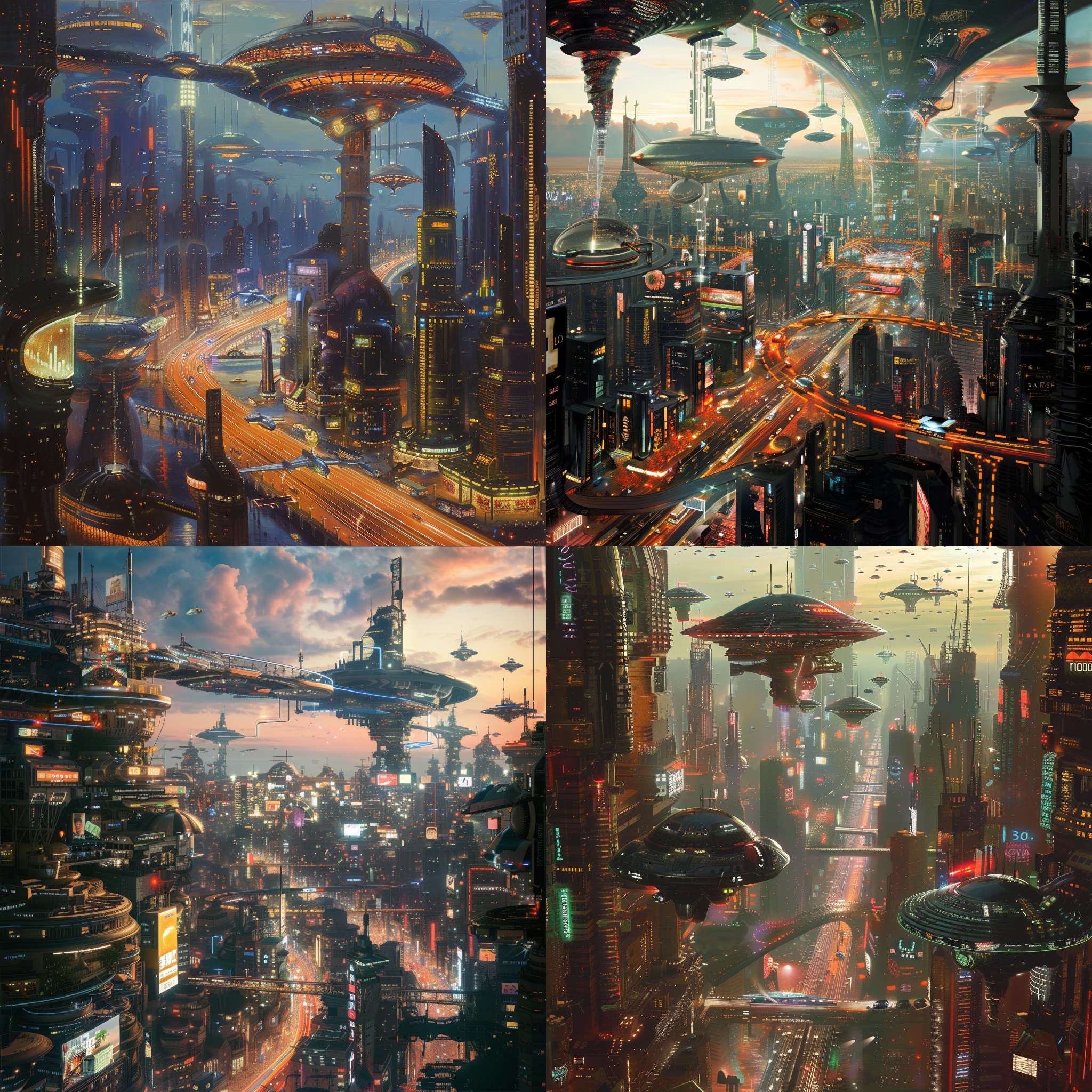 prompt. 1000年后的非洲，高科技城市，飞行汽车，巨大立体广告牌，光影交错，霓虹灯光，未来主义建筑，繁忙街道，机器人劳动者，太空港口，智能生活。