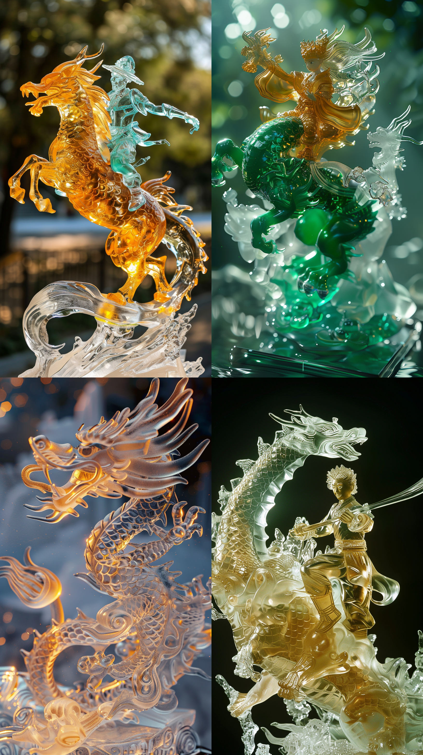 prompt. 玉骑金龙飞行，卡通风格，冰雕作品，可爱而晶莹剔透，冰雕技巧，丰富细节，晨光照射，冰雕广场，冰雕痕迹，10点钟光线，玉质感，龙形状，光影效果。