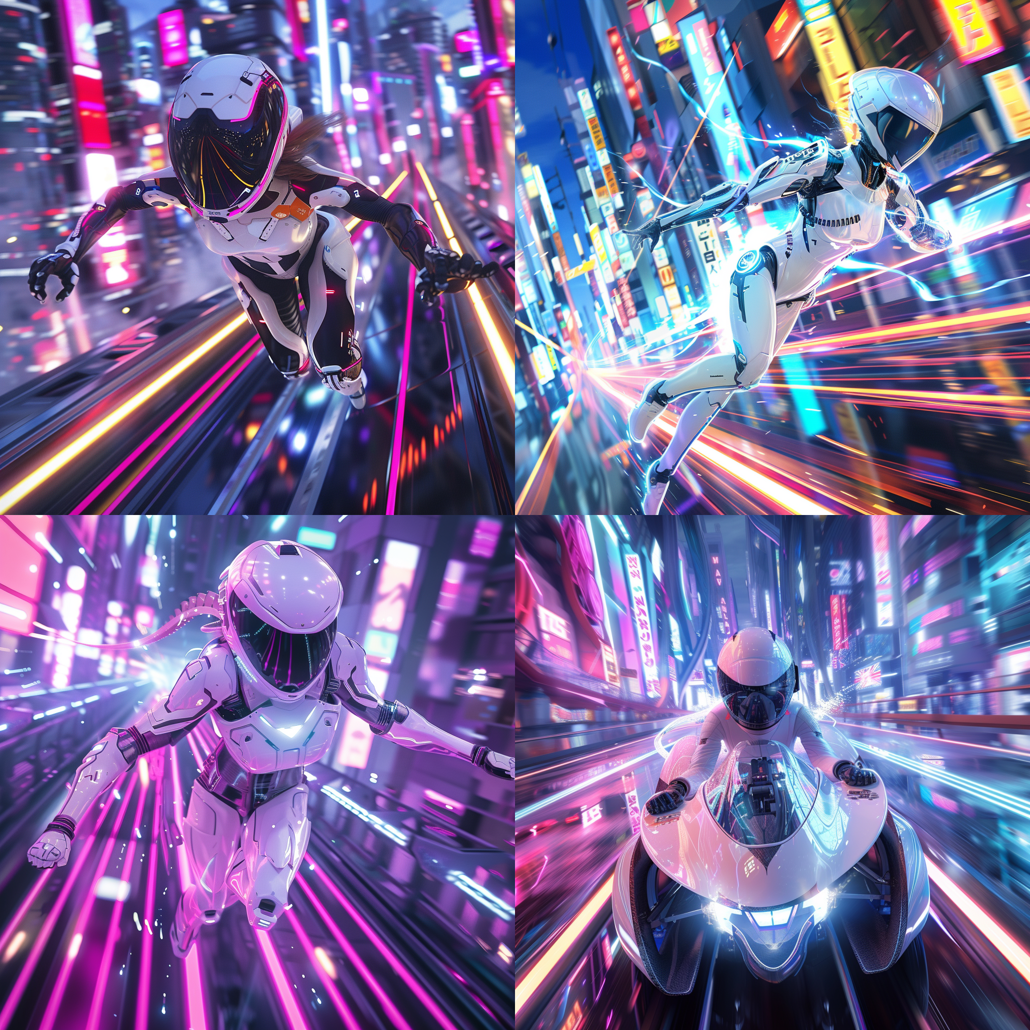 prompt. 机甲少女赛车手，霓虹灯璀璨，反乌托邦风格，虚拟引擎，科技感，狂热欢呼，虚拟屏幕，紧张激烈，霓虹赛道，高速冲刺，终点站迫近，白色机甲赛车服，繁华都市，飞驰背景。