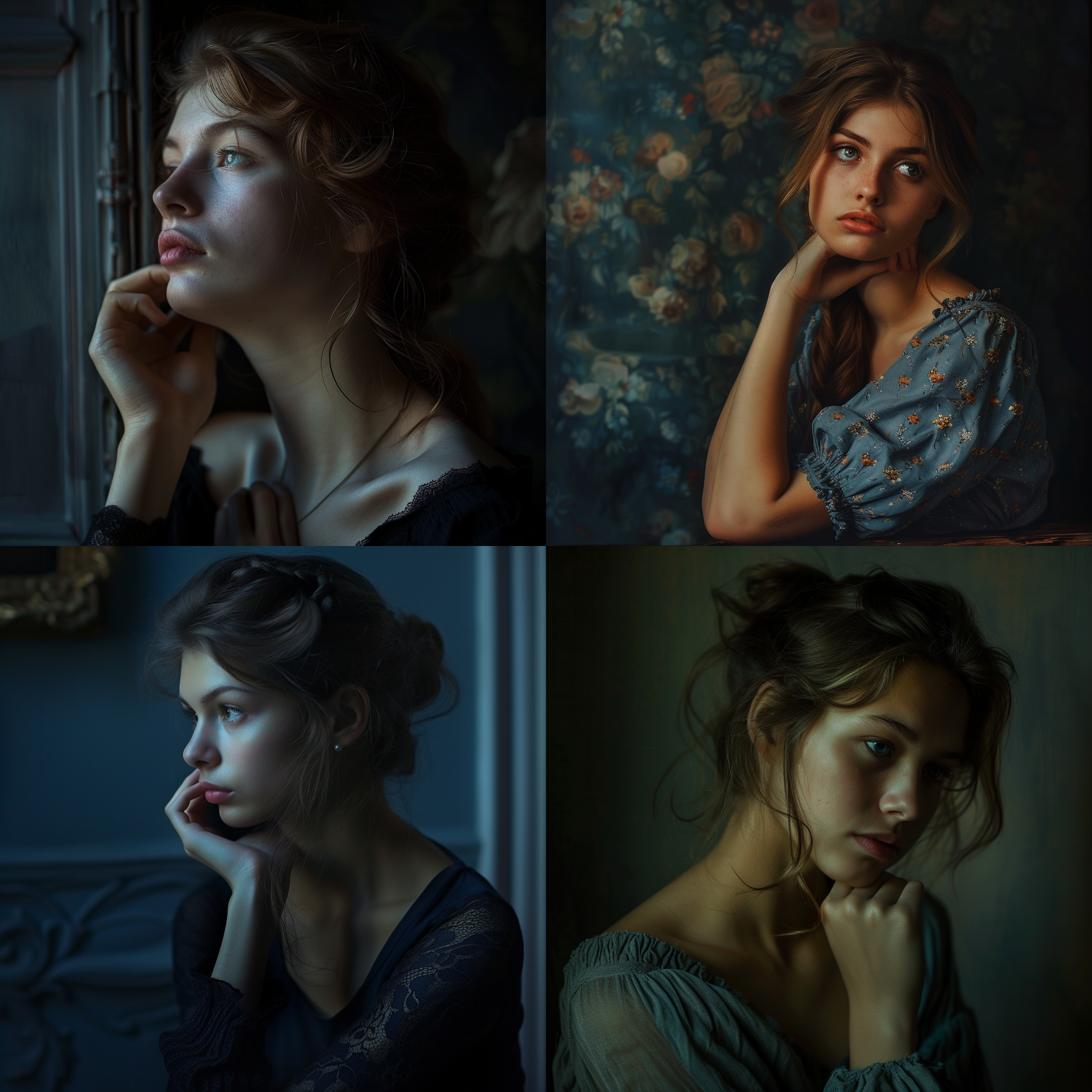 prompt. intp丢勒，古典风格，肖像摄影，油画效果，专注表情，复杂构图，侧面角度，暗室内光线，细节丰富，蓝色调，思考中。