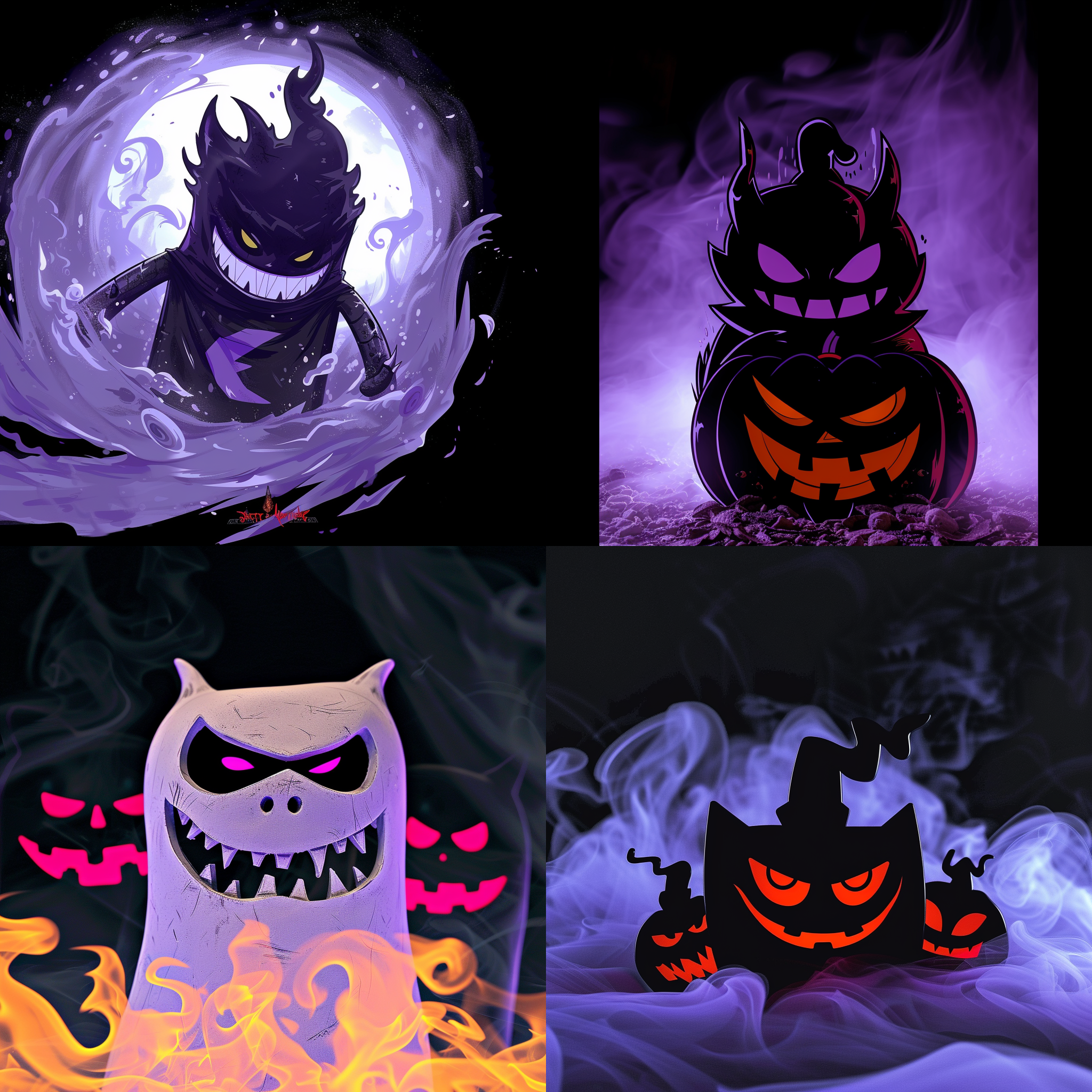 prompt. 耿鬼万圣节狂欢，口袋怪兽，南瓜，中国风, 中央构图，暗黑色调，魔幻风格，50mm镜头，灯光效果，舞动，神秘，紫色调。