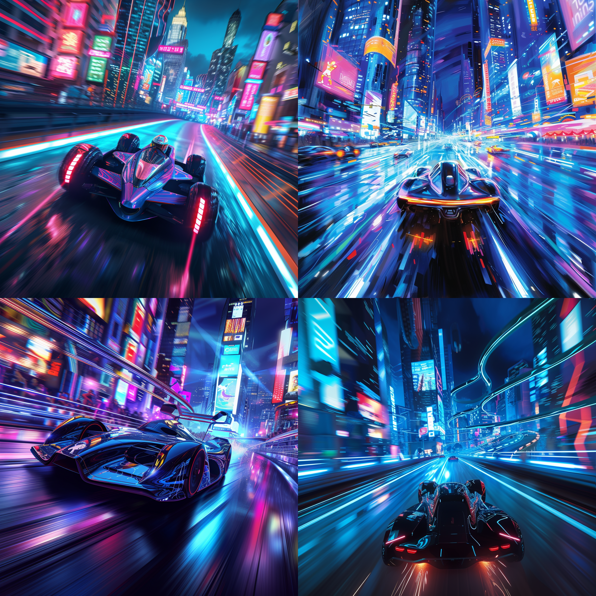 prompt. 未来广场赛车比赛,霓虹灯璀璨,高楼大厦林立,夜晚,流光溢彩,超广角镜头,运动模糊,高速行驶,刺激紧张,蓝色调,兴奋。