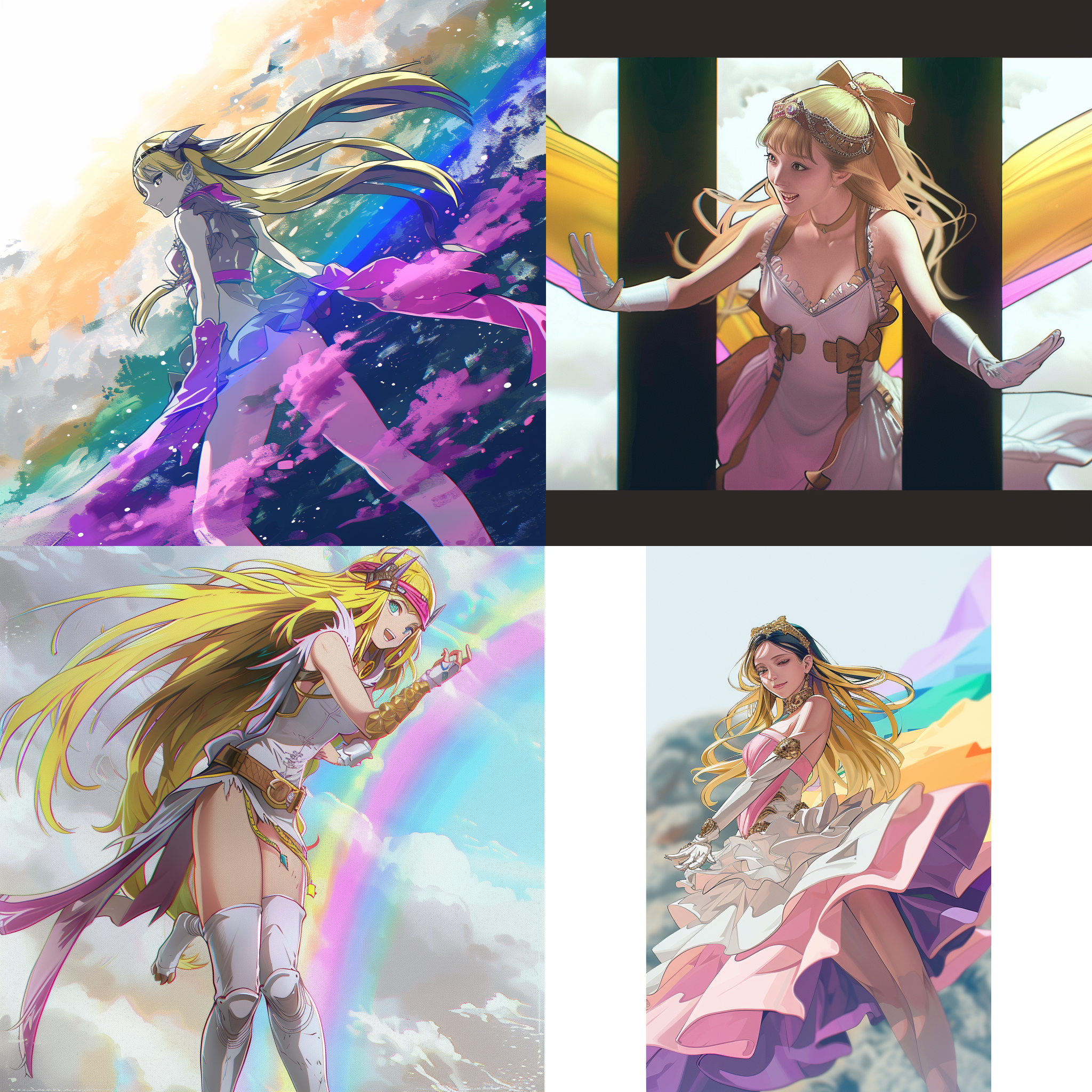 数码宝贝女神站在天堂中，背景是绚丽的彩虹和白云，她身穿华丽的长裙，面带微笑，优雅地举起双手。照片采用广角镜头拍摄，光线柔和，色彩明亮鲜艳，呈现出仙境般的美丽和神秘感。女神的美丽和自信散发着宁静和温暖。