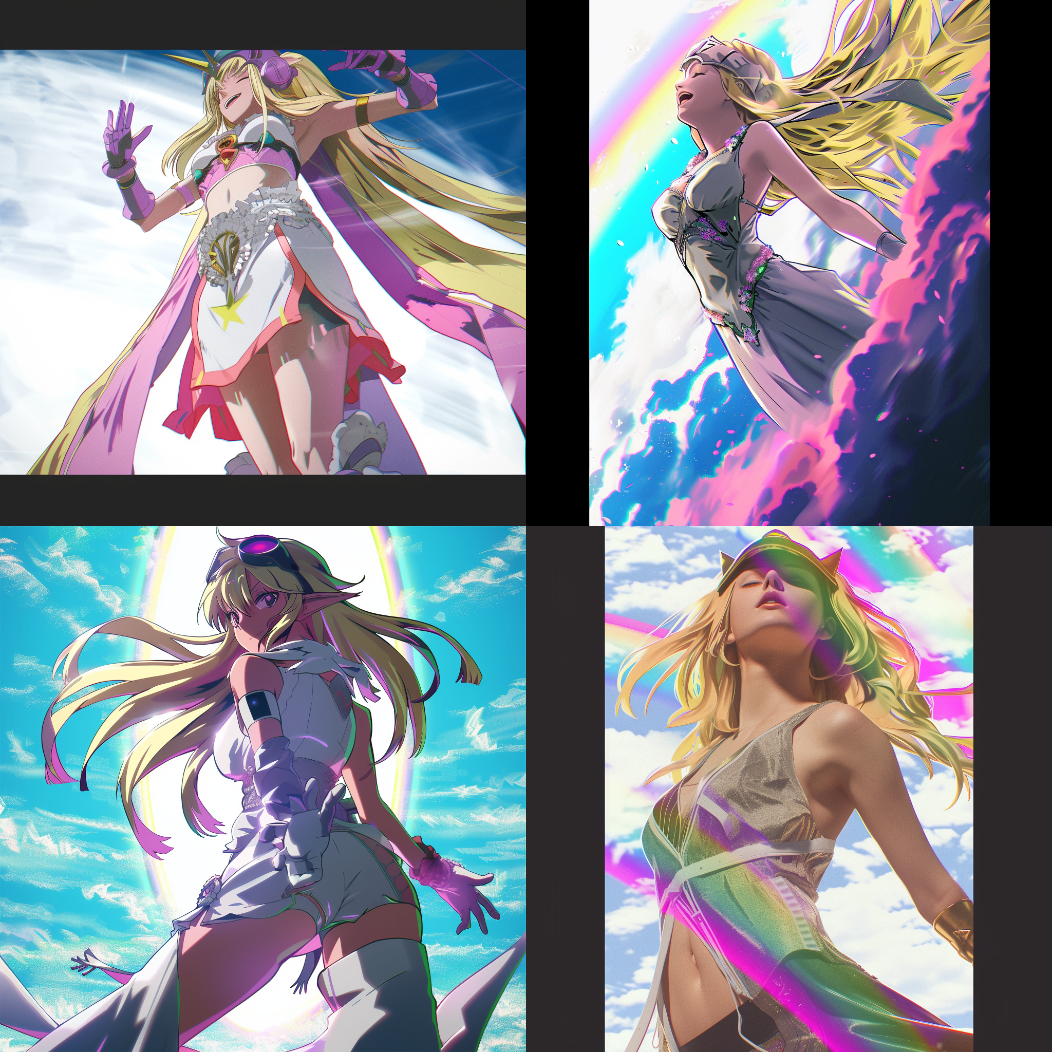 数码宝贝女神站在天堂中，背景是绚丽的彩虹和白云，她身穿华丽的长裙，面带微笑，优雅地举起双手。照片采用广角镜头拍摄，光线柔和，色彩明亮鲜艳，呈现出仙境般的美丽和神秘感。女神的美丽和自信散发着宁静和温暖。