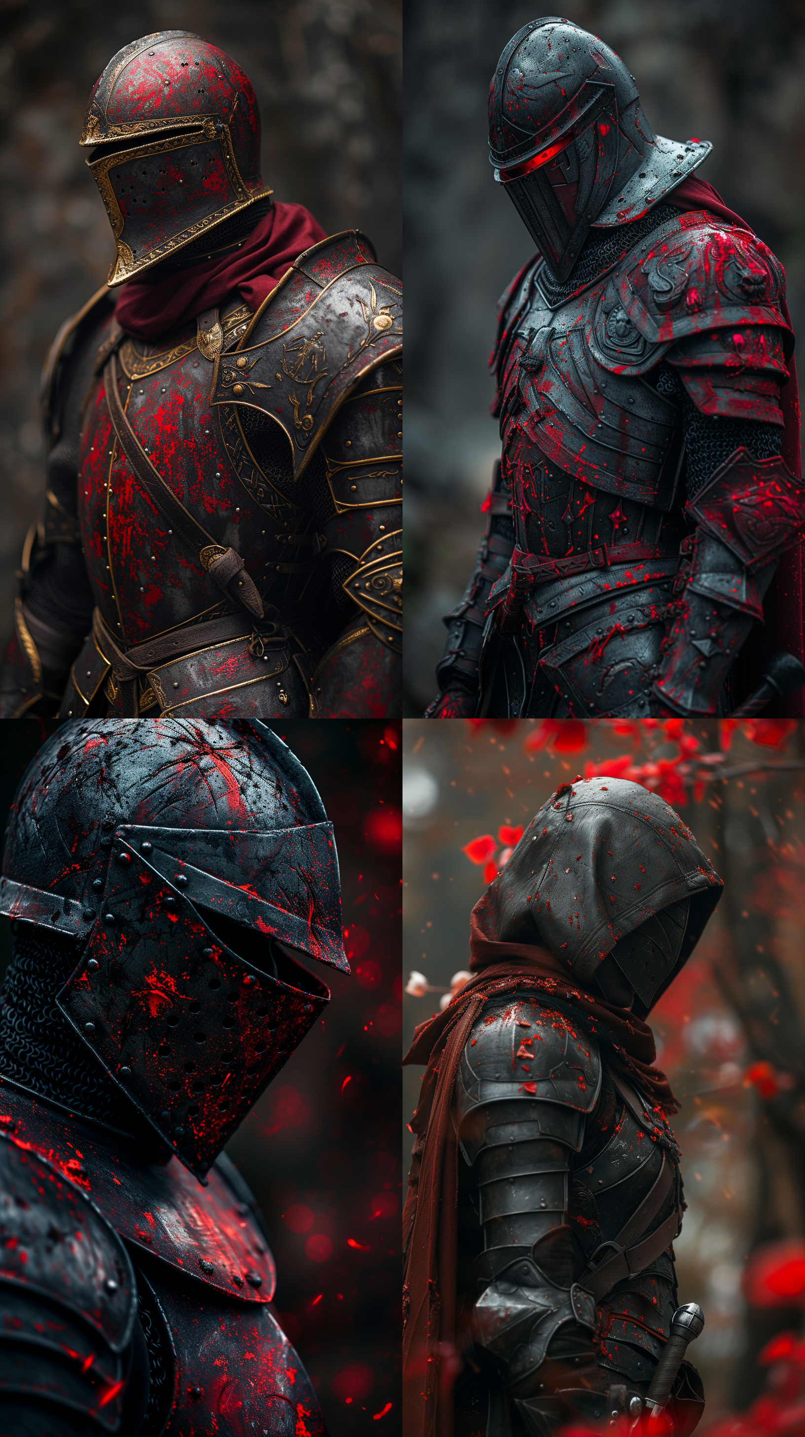 prompt. 古代铠甲设计，红黑风格，移轴摄影，沉思姿势，流光溢彩，特写，超写实，超清画质。