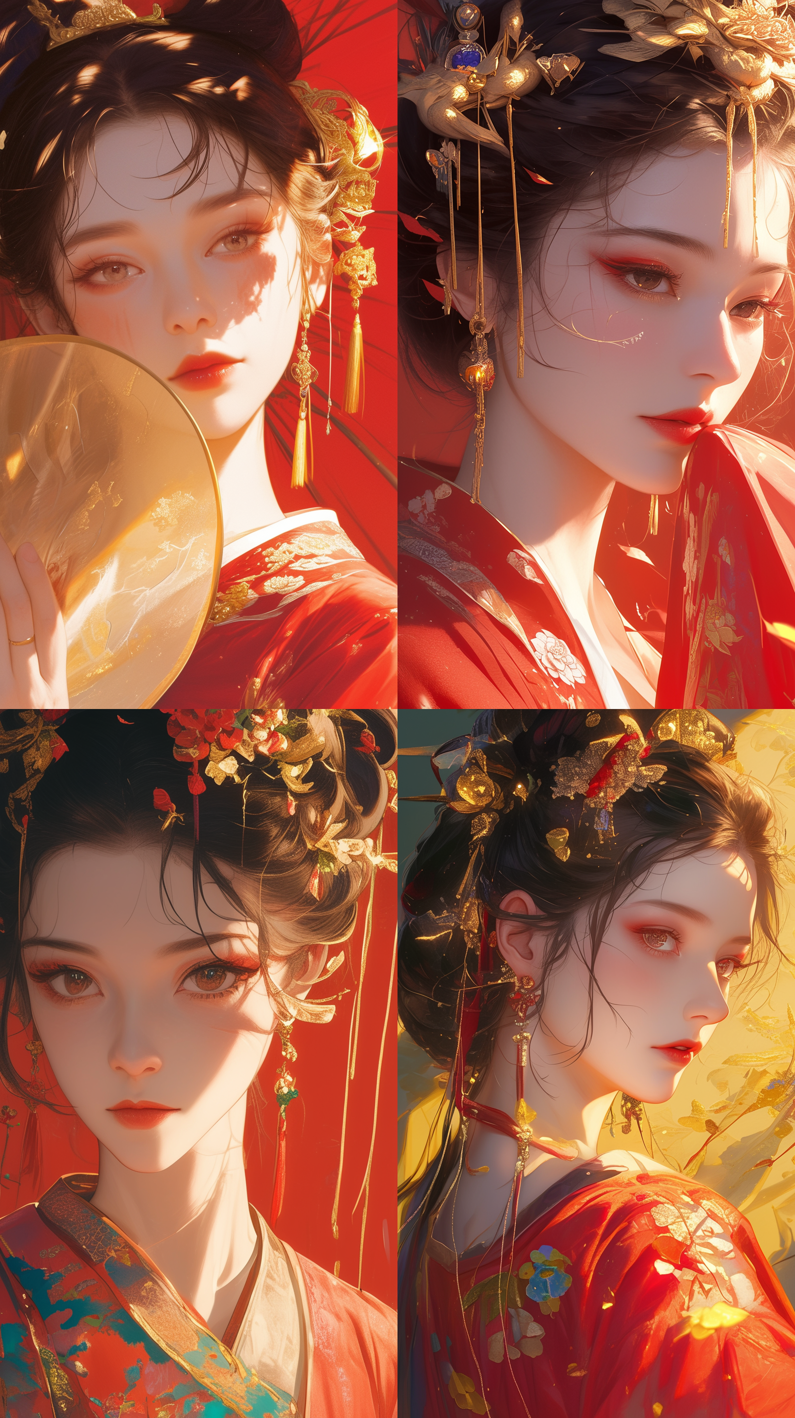 国潮风插画，唐代女孩肖像，中式风格，工笔画，版画