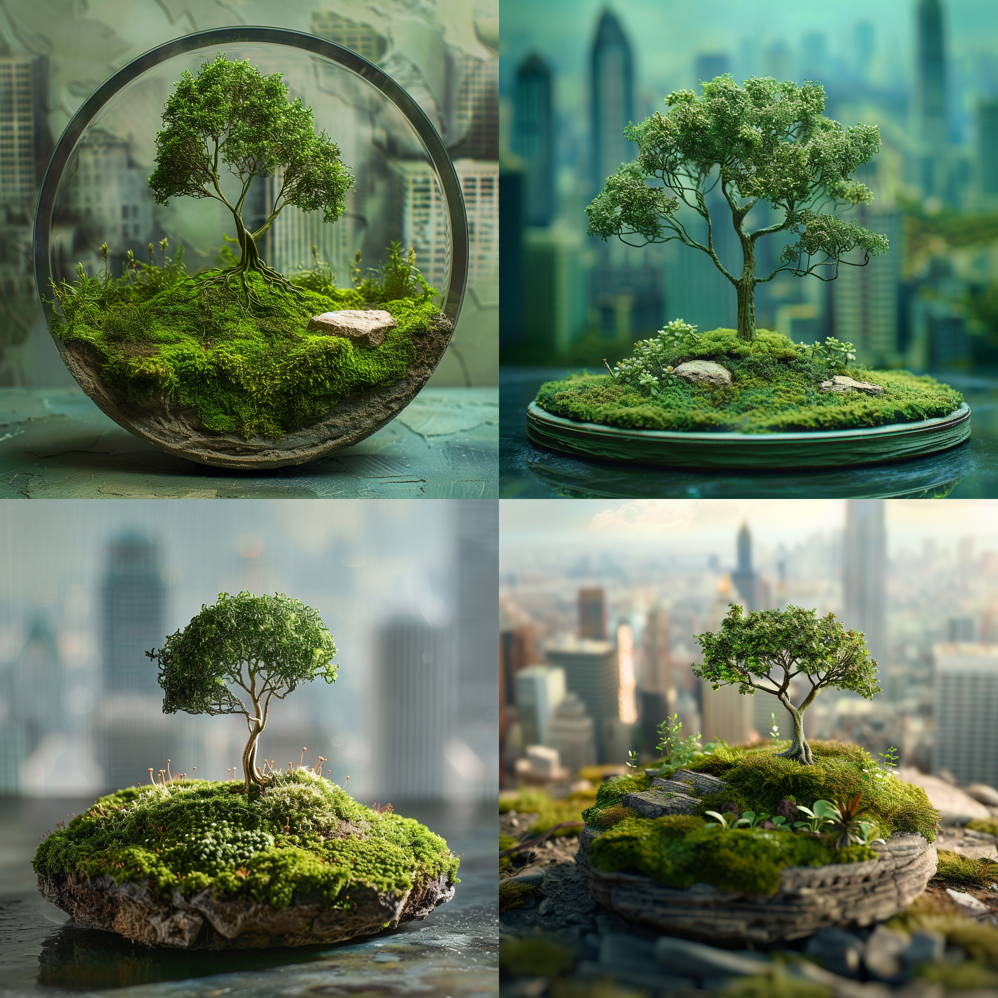 prompt. 生命之树微景观，绿色调，自然光线，青苔环绕，微型植物，都市天际线，抽象纹理，精致独特，广告图。