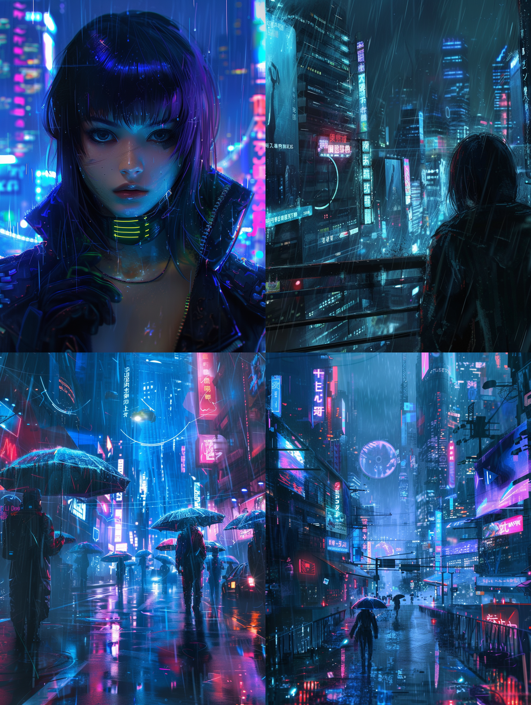 prompt. 雨中赛博城市，霓虹灯璀璨，led屏幕闪烁，全息投影显现，短发赛博朋克女孩和男孩冷峻神情，现代风格着装，暗色调，大光圈，高楼环境，蓝色调，科幻情感。