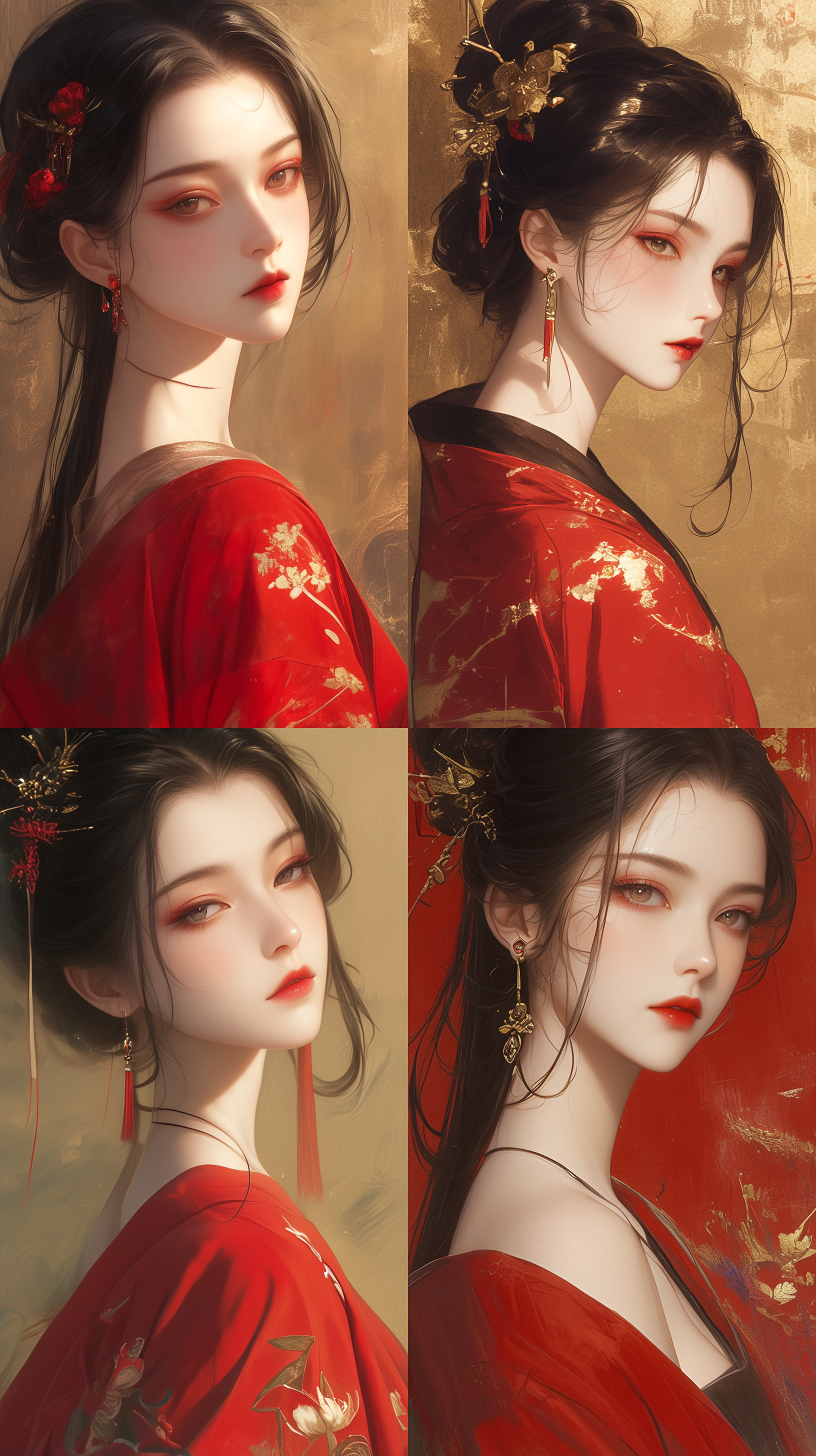 国潮风插画，唐代女孩肖像，中式风格，工笔画，版画