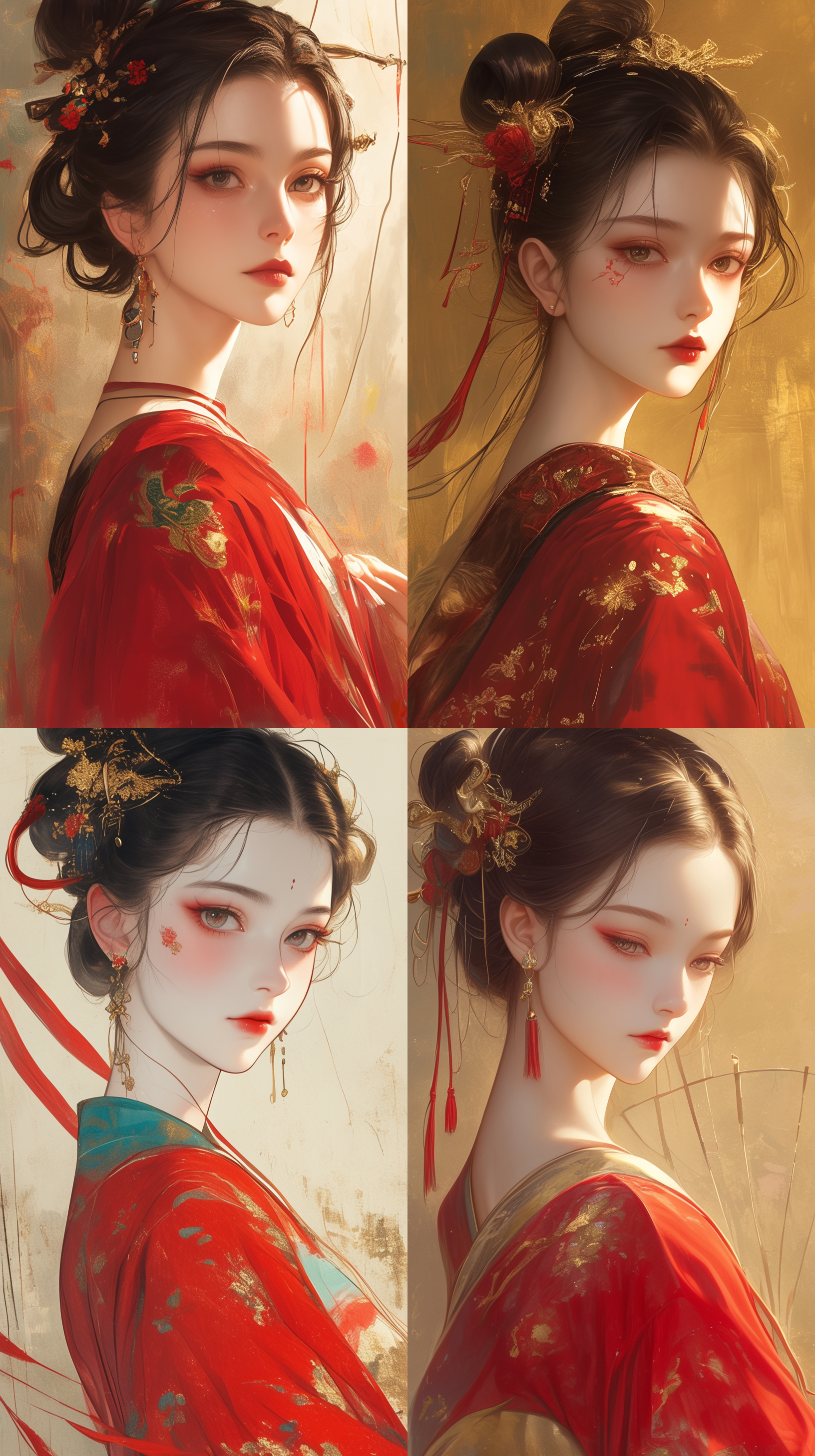 国潮风插画，唐代女孩肖像，中式风格，工笔画，版画