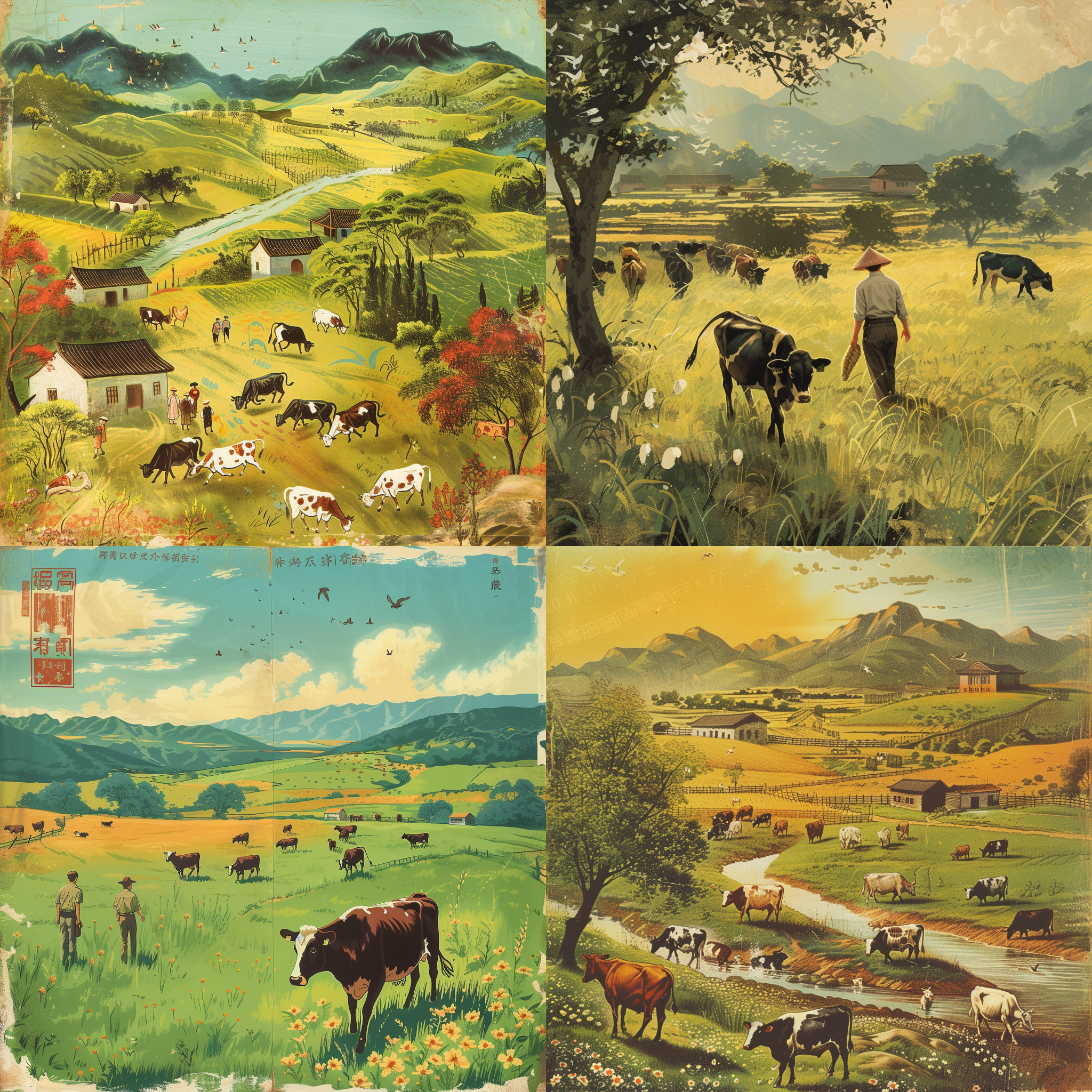 prompt. 中国农村养牛场，桌游卡牌设计，复古风格，1970年代，农民服装，牛群，牧场景色，饱和色彩，饲养场景，中焦镜头，自然光，放牧，宁静。