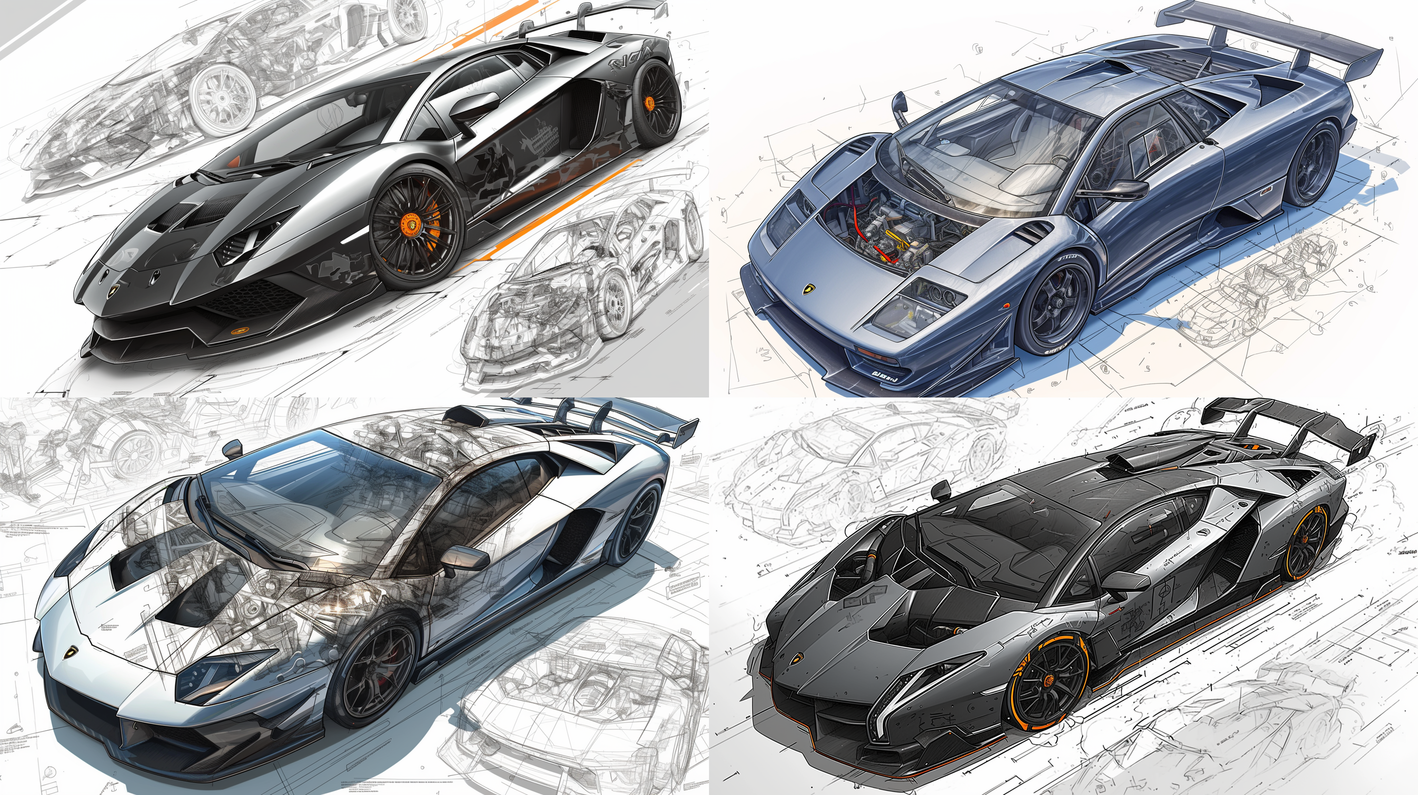 lamborghini diablo gt1 stradale的爆炸工程师，工程图纸8k，黑白色调，高清晰度，俯视角度，细节丰富，复杂的机械构造，精确的定位，光线透射，专注，创造力。