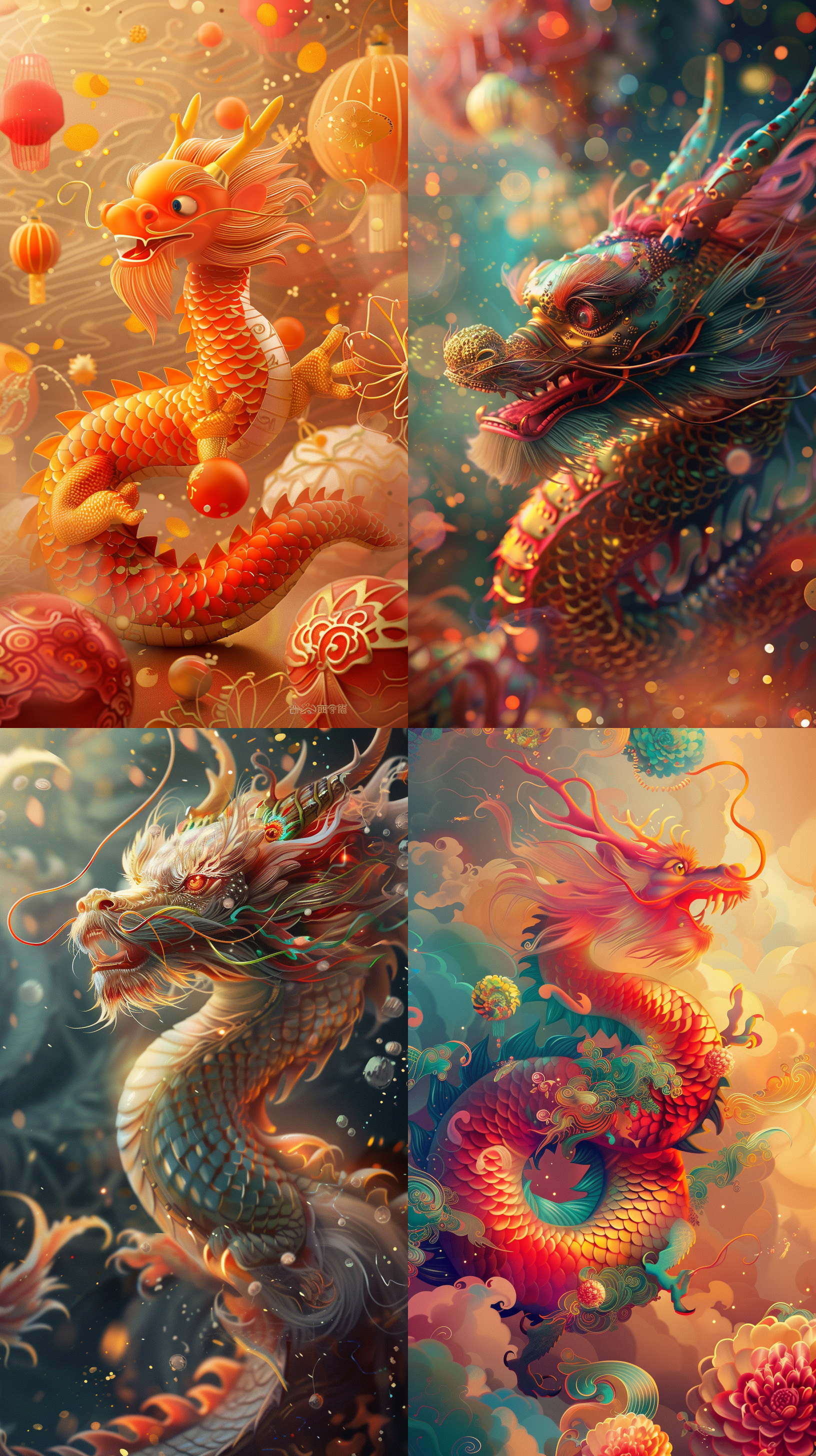 prompt. 可爱龙年贺卡，抽象风格，明亮色彩，装饰品，喜庆氛围，高清晰度，侧光，温暖色调，传统元素，欢快。