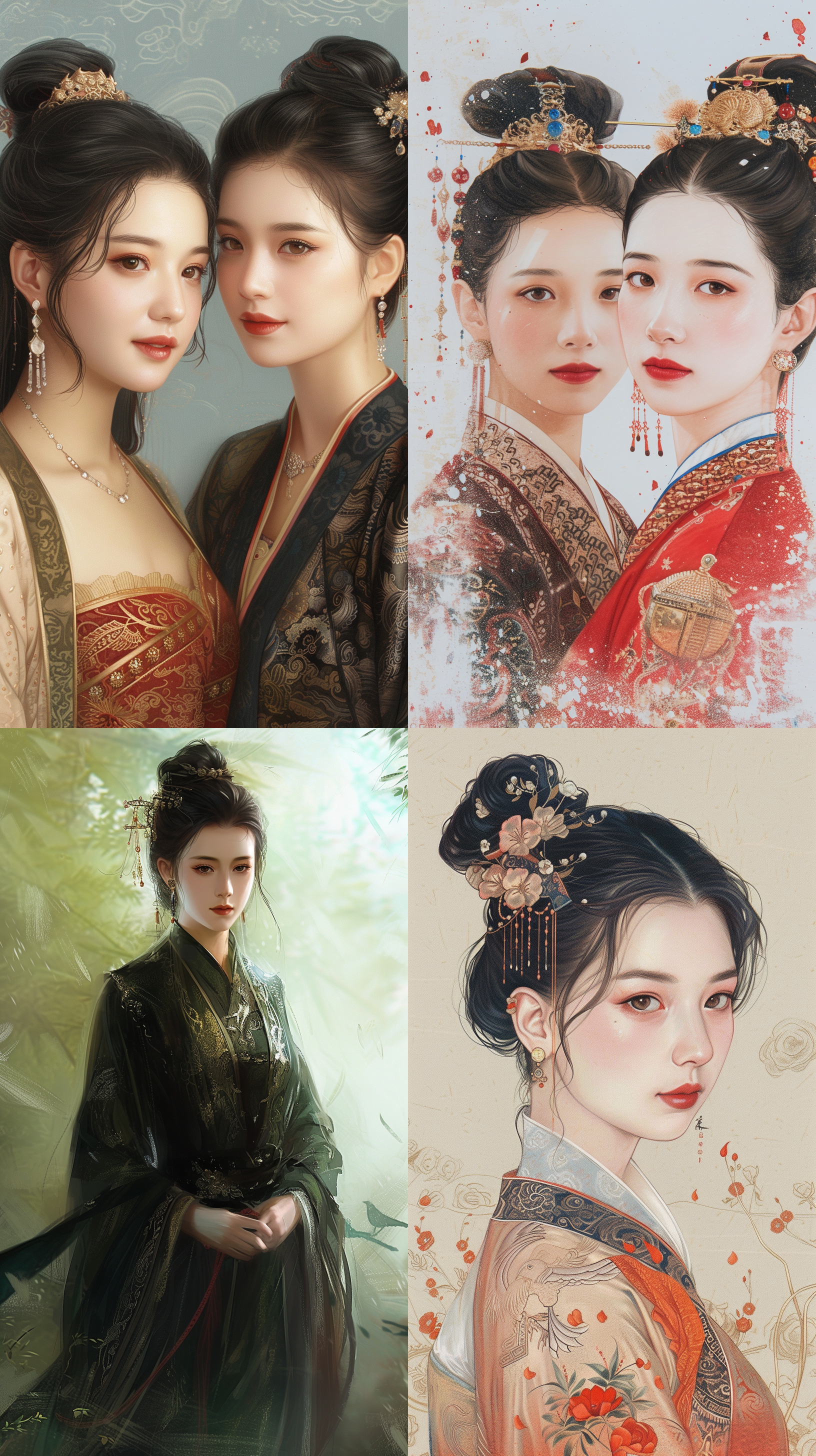 prompt. 唐代女孩肖像，国潮风插画，中式风格，工笔画，清晰轮廓，细节丰富，古典色调，传统服饰，自然光，端庄表情，优雅。