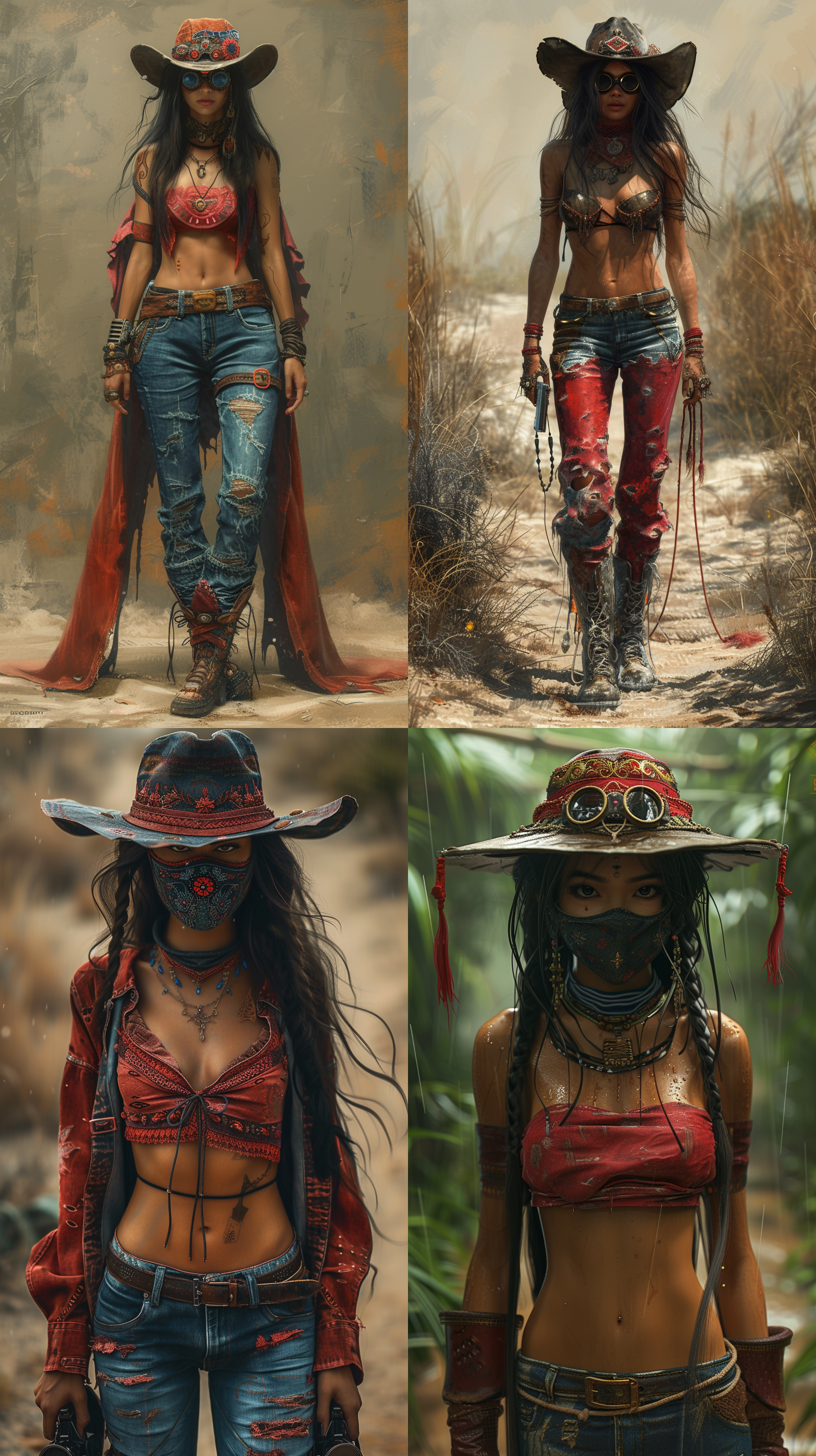 prompt. 女性牛仔，红黑牛仔装，带刺绣帽子，黑面罩，护目镜，露腰上衣，长筒靴，尘土道路，半身肖像，暗淡环境光，黑发，artgerm、greg rutkowski、alphonse mucha，8k，极度详细渲染，后处理，肖像，错综复杂，史诗构图，电影照明，3d制作，油画效果。