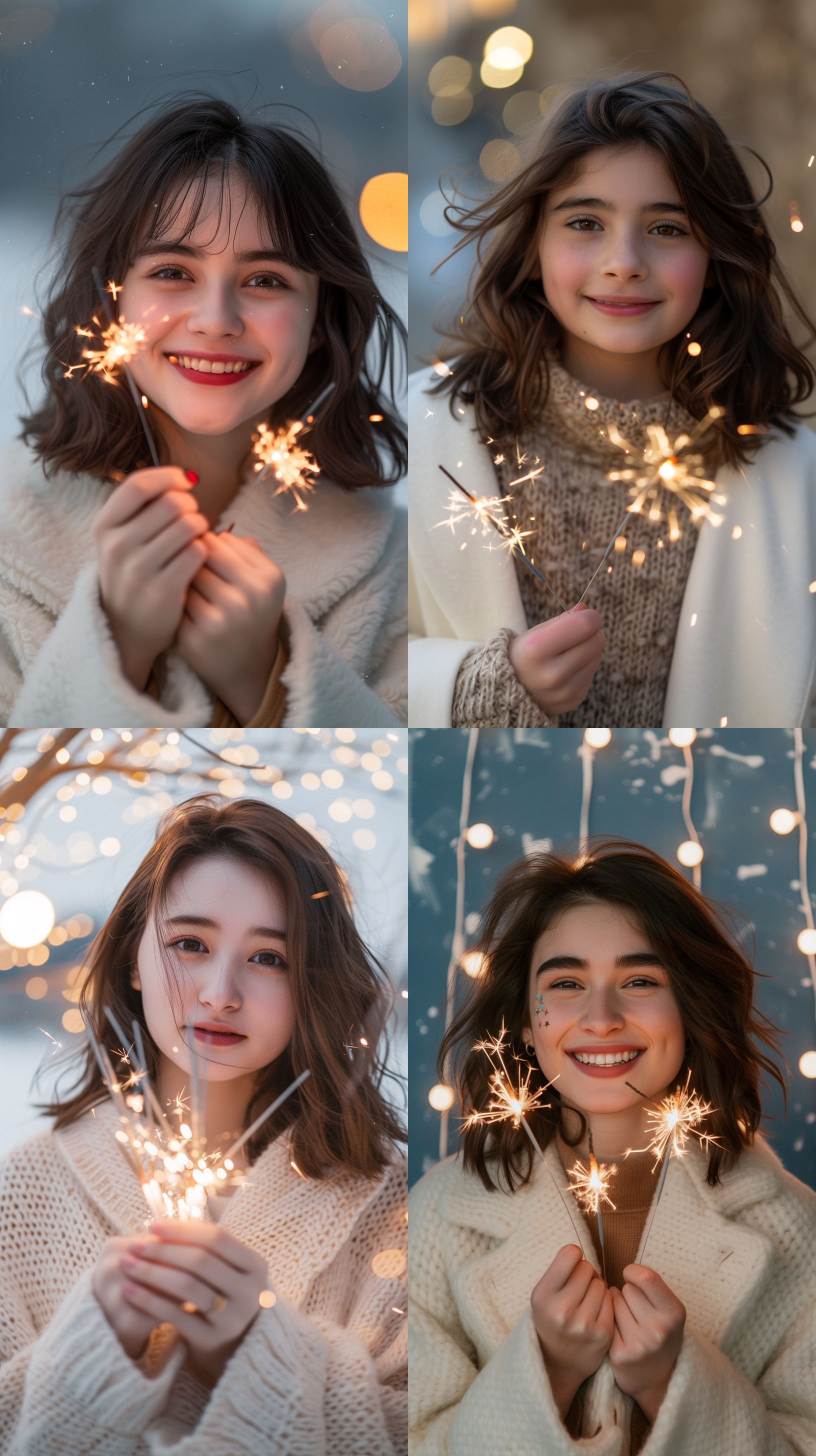 20岁民族少女，白色斗篷，手拿电光烟花，灿烂灯光背景，可爱笑容，高饱和度，明亮色调，户外环境，长焦镜头，动作，快门速度快，人物元素，喜悦情感，莱卡镜头，半身肖像画，最高清，8k,视频拍摄，电影镜头，佳能相机，点彩光学混合，32k uhd，视觉和谐，标准画面。