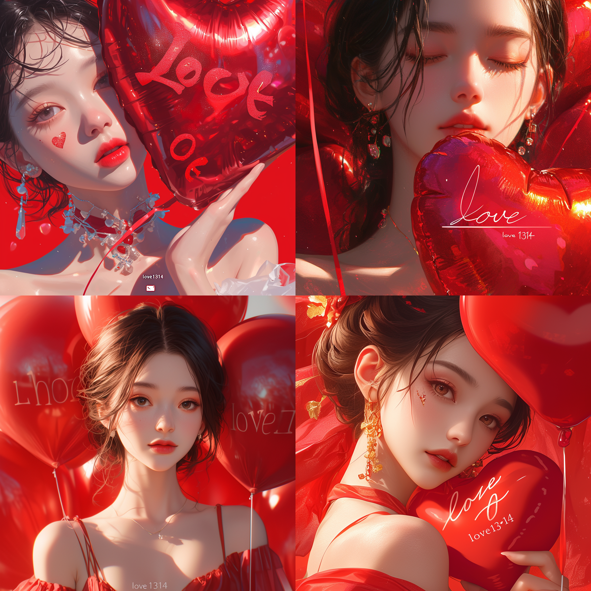 prompt. 亚洲超美女生，精致装扮，肖像画，特写，红色桃心气球中间位置排版艺术字，并以短句写着：“love1314”,梦幻背景，最佳画质，大师级杰作，梦幻引擎，超清晰外观设计，莱卡镜头，视频拍摄，电影镜头，3d, 8k。