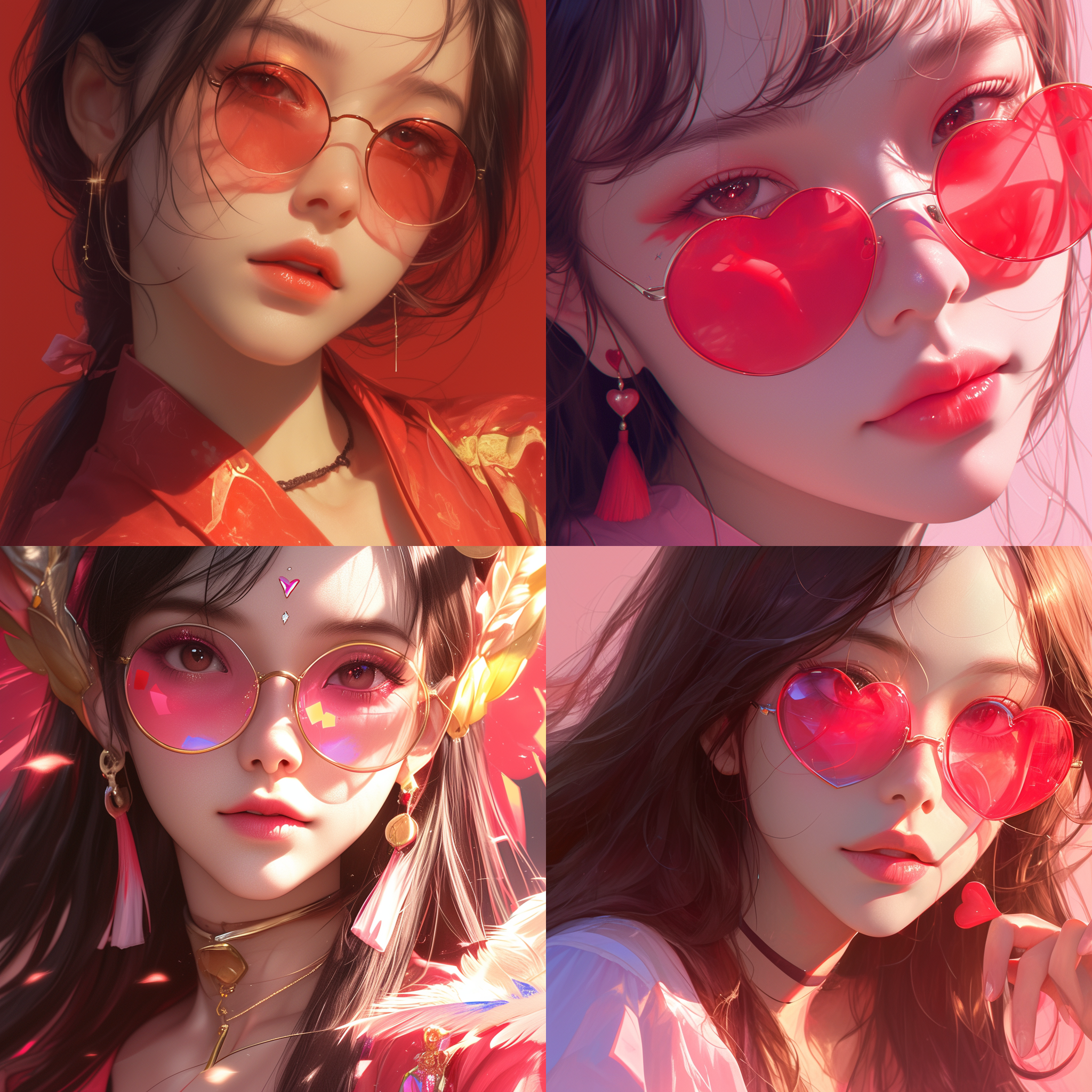 prompt. 亚洲超美女生，精致装扮，肖像画，特写，红色桃心眼镜，炫酷动作，梦幻漫天钞票飞背景，最佳画质，大师级杰作，梦幻引擎，超清晰外观设计，莱卡镜头，视频拍摄，电影镜头，3d, 8k。