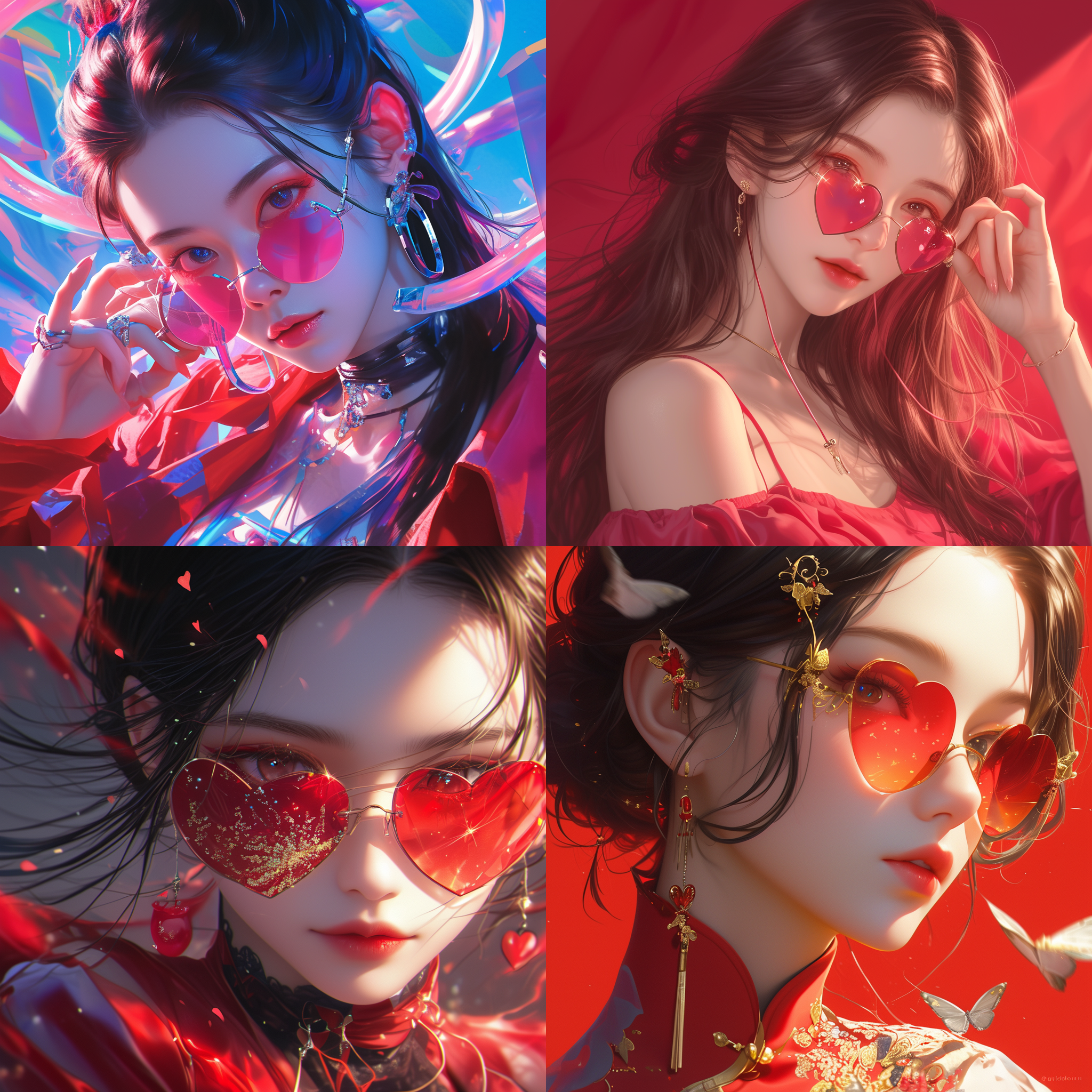 prompt. 亚洲超美女生，精致装扮，肖像画，特写，红色桃心眼镜，,梦幻满天钞票飞背景，最佳画质，大师级杰作，梦幻引擎，超清晰外观设计，莱卡镜头，视频拍摄，电影镜头，3d, 8k。