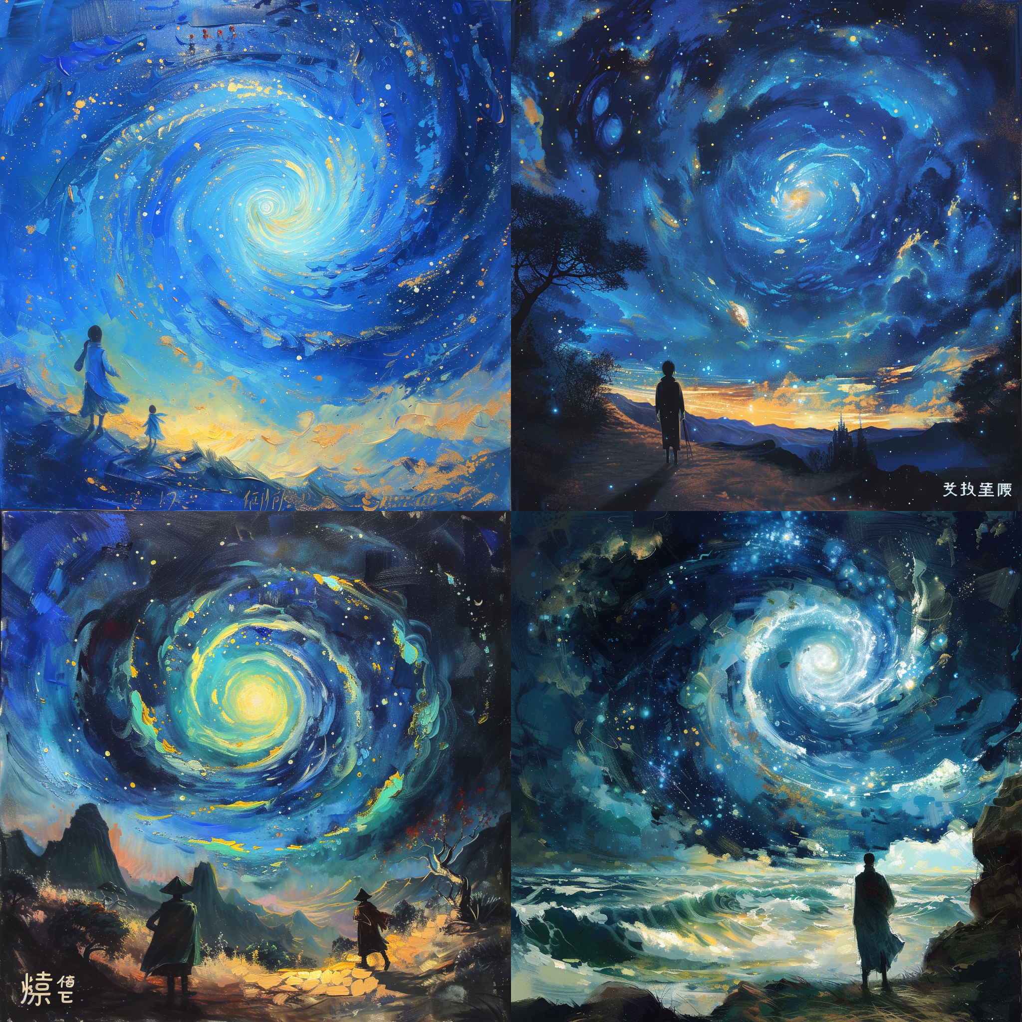 望舒清欢，人物面向蓝色螺旋星系，模仿梵高绘画风格，点彩主义风格，高对比度明暗对照，超高清图像，画面有透视感，西德尼·西姆风格，光影明亮的风景。