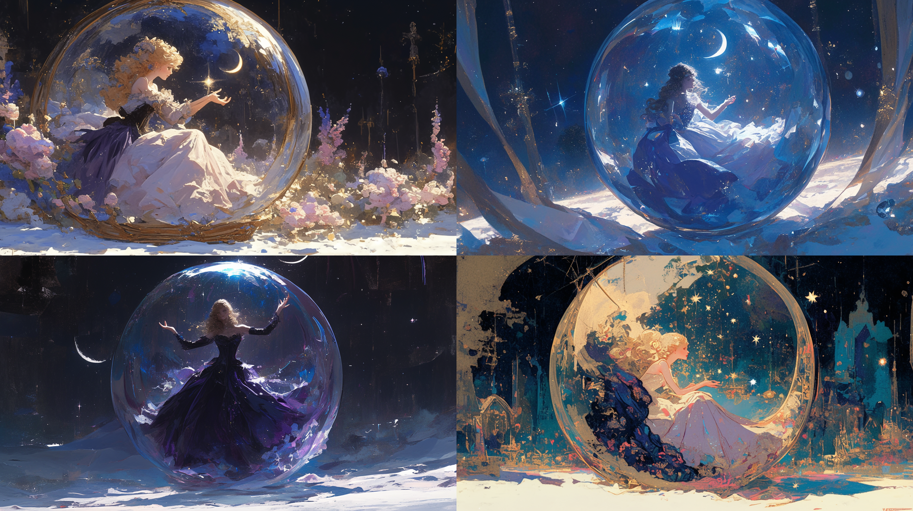 洛可可，莫奈风格，水彩油画笔触，欧洲古典，美丽栗色卷发女子，抹胸紫礼服，被禁锢在飘着雪的精致玩具水晶球内，抬手旋转翩翩起舞，水晶球外是星空弯月背景，神秘诡谲阴森，阴暗色彩，中远景