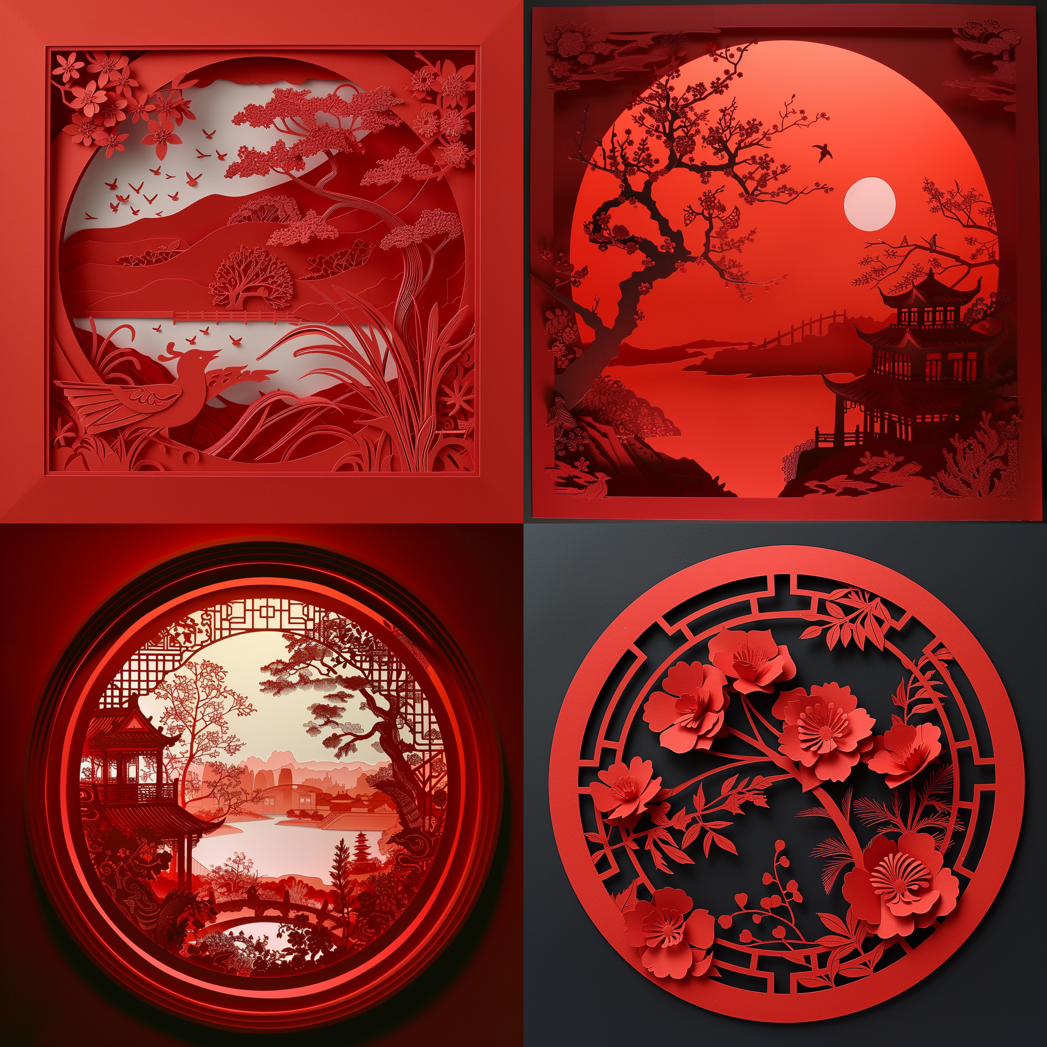 prompt. 窗体剪纸，细致剪纸艺术，中国传统窗花，红色剪纸，光影交错，静物摄影，局部特写，传统文化，精美剪纸，创意构图，古风色调。