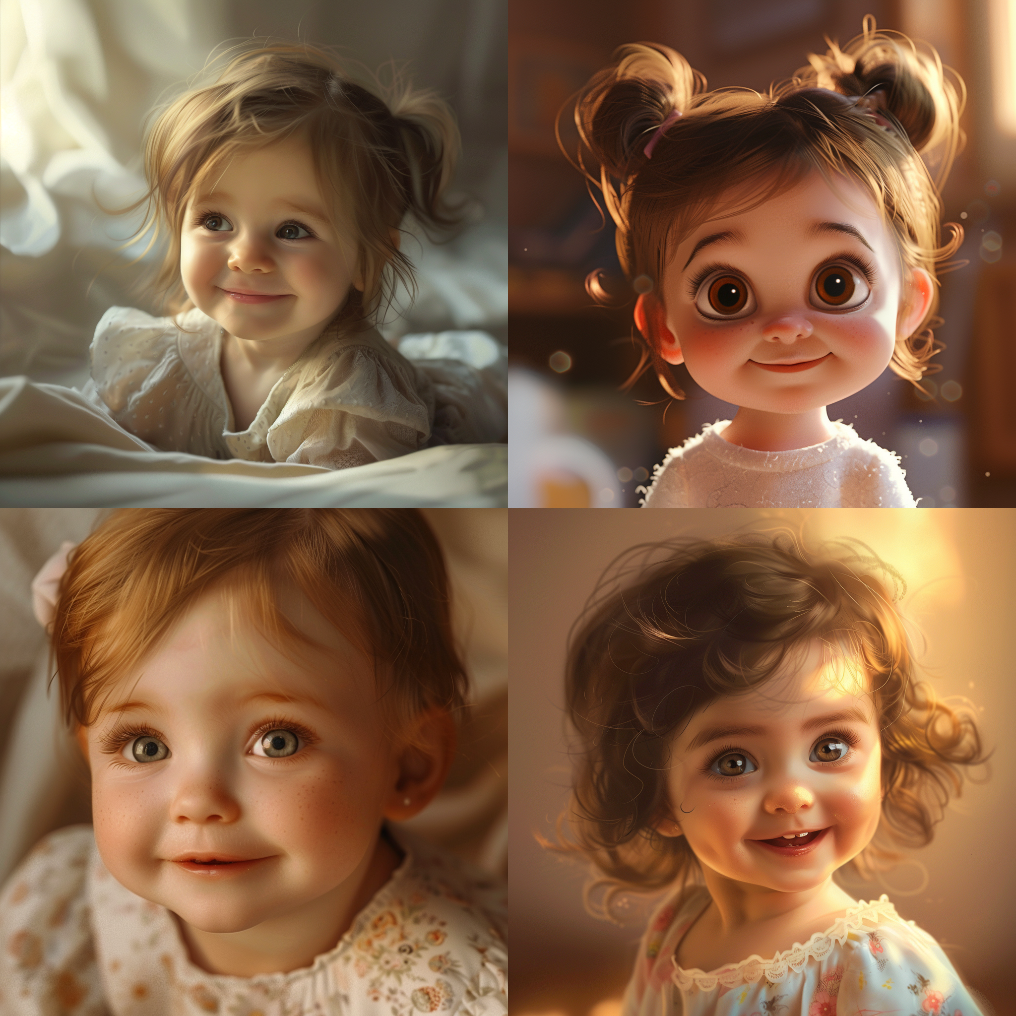 prompt. 婴儿女孩微笑，写实风格，16k分辨率，室内影棚，大眼睛，甜美微笑，柔和光线，温暖色调，细节丰富，温馨幸福。