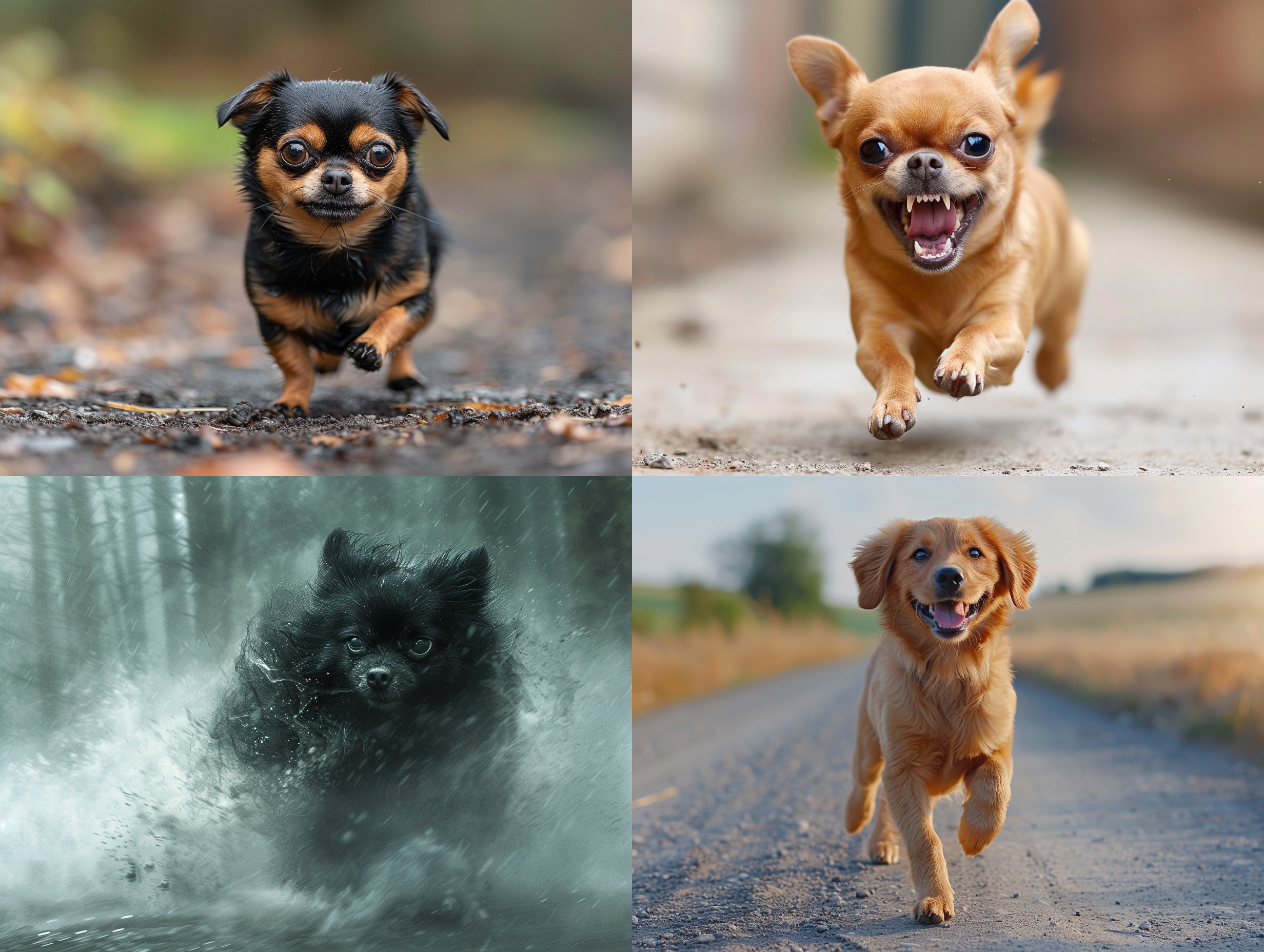 一只复仇的小狗，步行一百公里咬抛弃它的主人，愤怒，奔跑，毕加索风格，海报