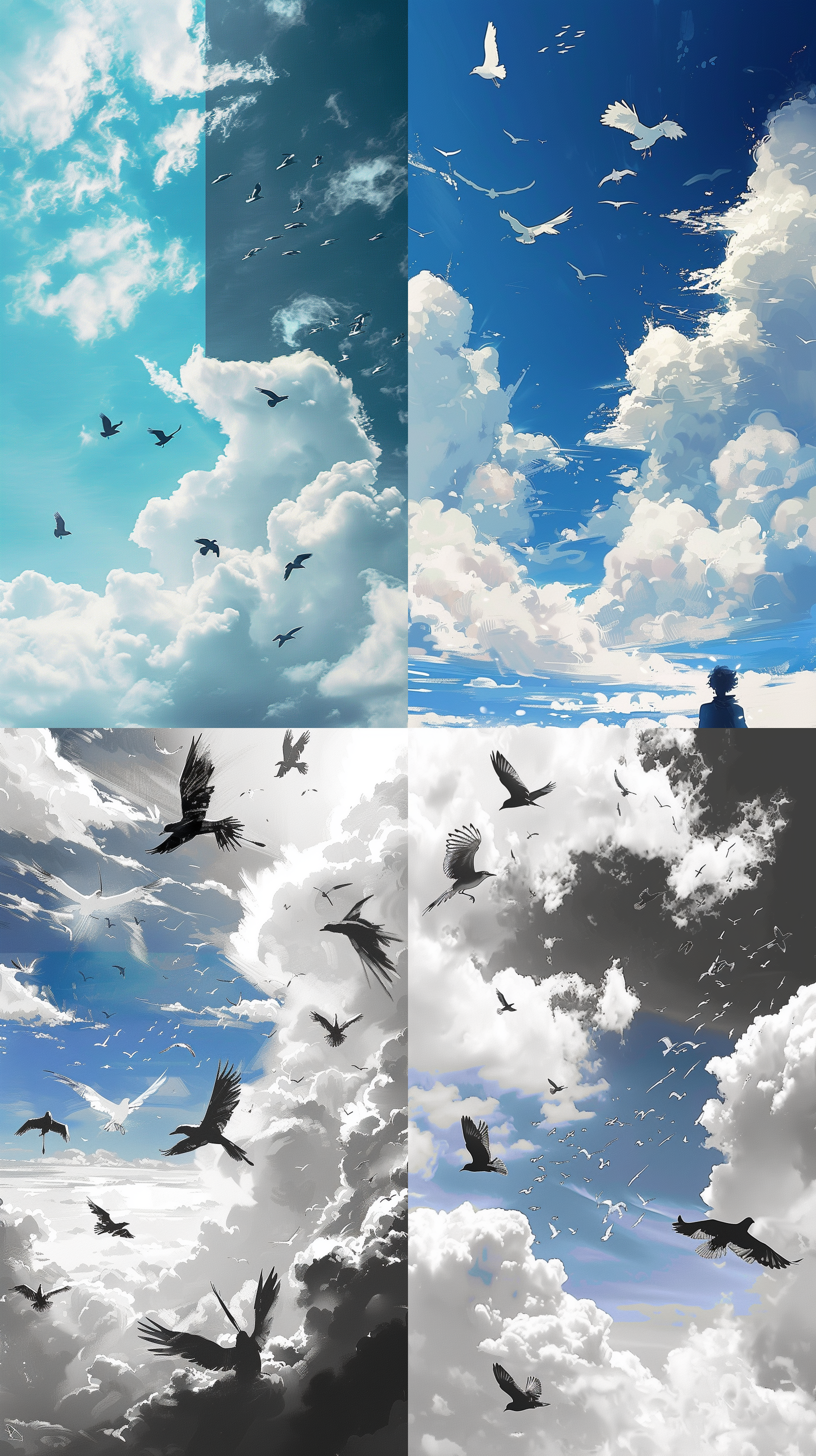 prompt. 小鸟飞翔，简笔画，黑白风格，简单线条，广阔蓝天白云，柔和侧光，自由，生机，轻盈。