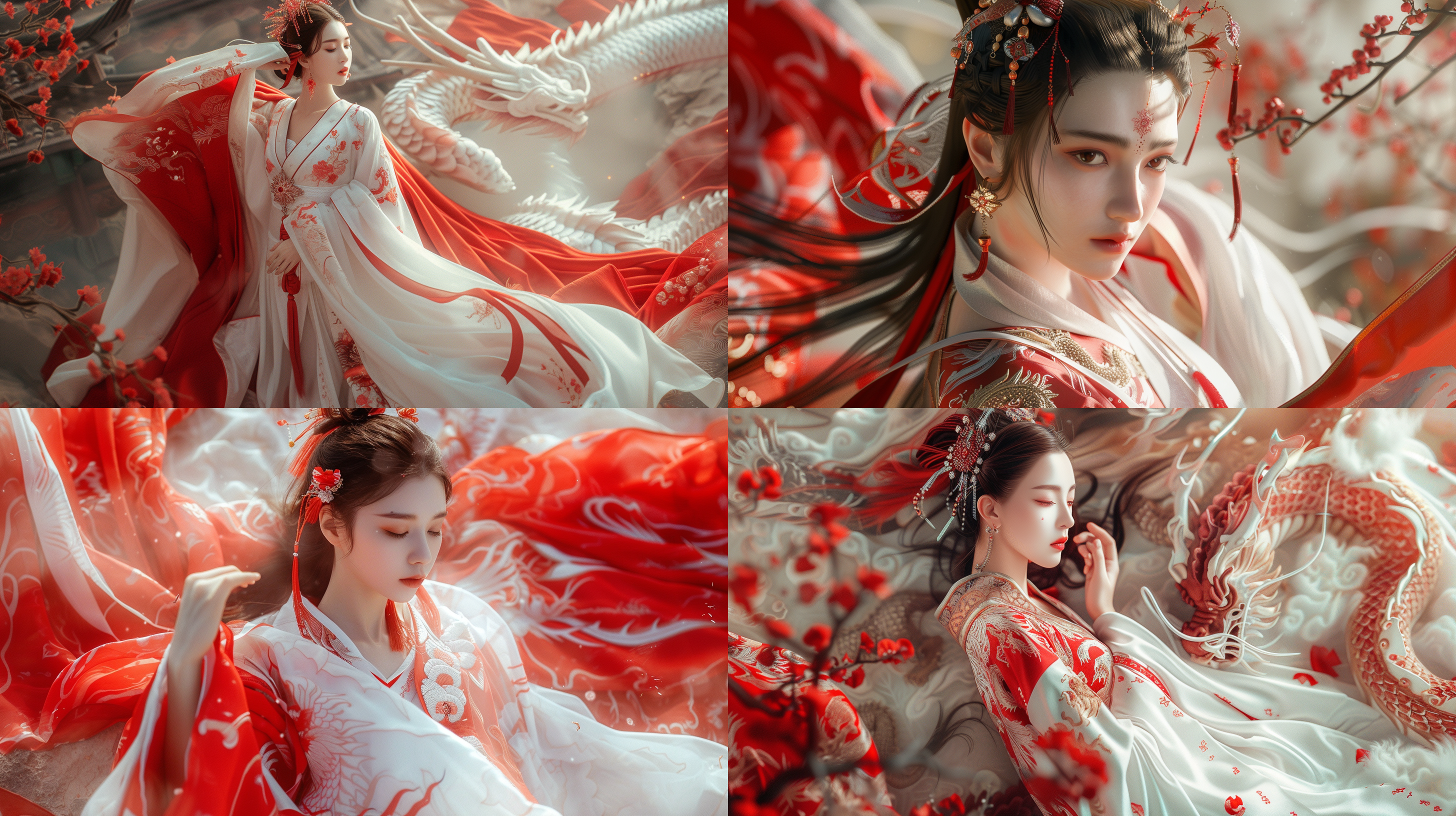 film quality, girl han dynasty red and white gorgeous clothing, background murals, ultra hd effect, c4d rendering technology, bright color mystery, dignified confidence power, whole body, dragon theme, rich details, strong impact. 汉服 王家卫